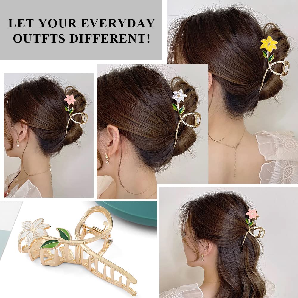 Flower Hair Clips for Women - Cute Large Floral Claw Clips in Pink, Yellow, Metal Gold, White for Thick Hair - Banana Clips & Summer Hair Decorations, 3Pcs