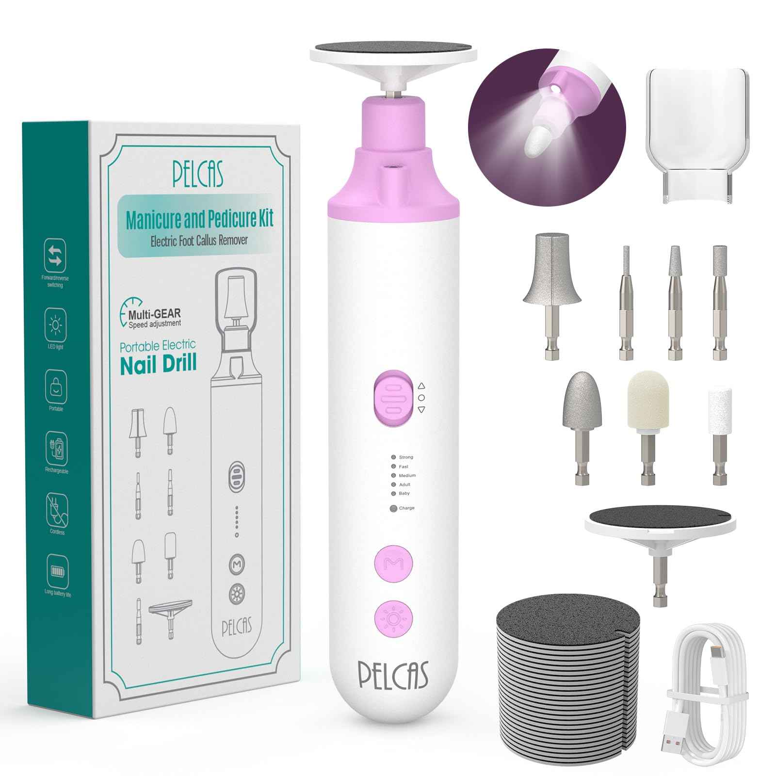 PELCAS Toenail Grinder for Thick Toenails 8 in 1 Manicure & Pedicure Kit, 5 Speeds Cordless Nail Drill with LED Light Electric Foot Callus Remover for Foot Callus, Thick Nails, Finger Nails Pink
