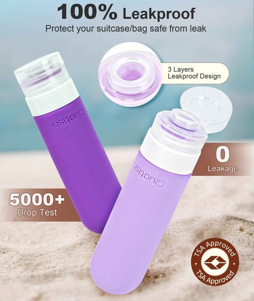 Quatish Travel Bottles for Toiletries, Original Patented Leak Proof Travel Size Containers, 3 oz Tsa Approved Silicone Shampoo and Conditioner Bottles, 4 Pack,，Purple