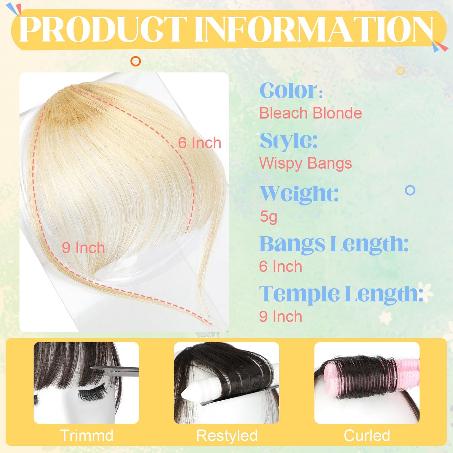 Cephermer Clip in Bangs - 100% Human Hair Wispy Bangs Hair Clip Fake Bangs Fringe with Temples Hairpieces Air Bangs for Women Bleach Blonde