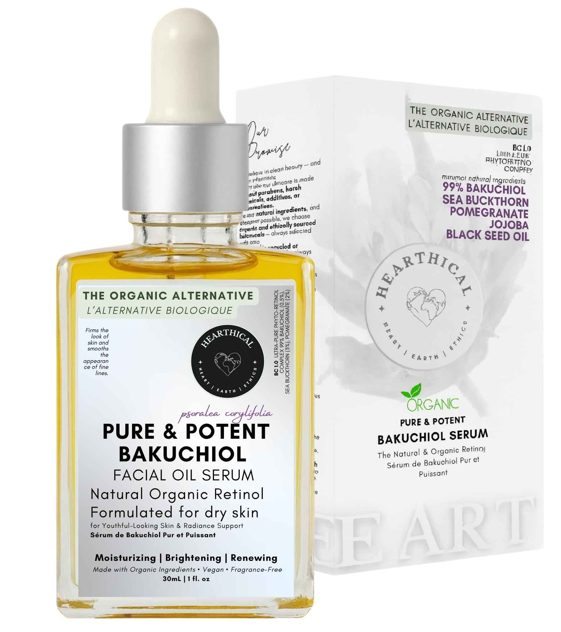 Hearthical Organic Oil-Based Bakuchiol Serum For Face | 1oz Natural Retinol Alternative for Glowing Skin | Brightening Serum For Face | 99% Pure Bakuchiol Oil with Jojoba & Sea Buckthorn | Made In USA