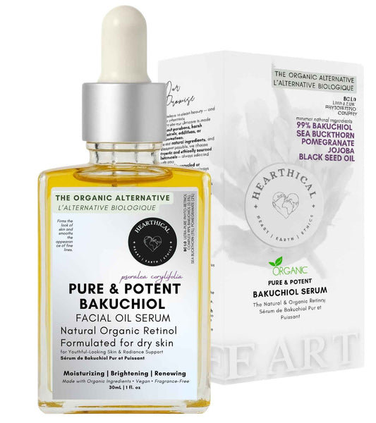 Hearthical Organic Oil-Based Bakuchiol Serum For Face | 1oz Natural Retinol Alternative for Glowing Skin | Brightening Serum For Face | 99% Pure Bakuchiol Oil with Jojoba & Sea Buckthorn | Made In USA