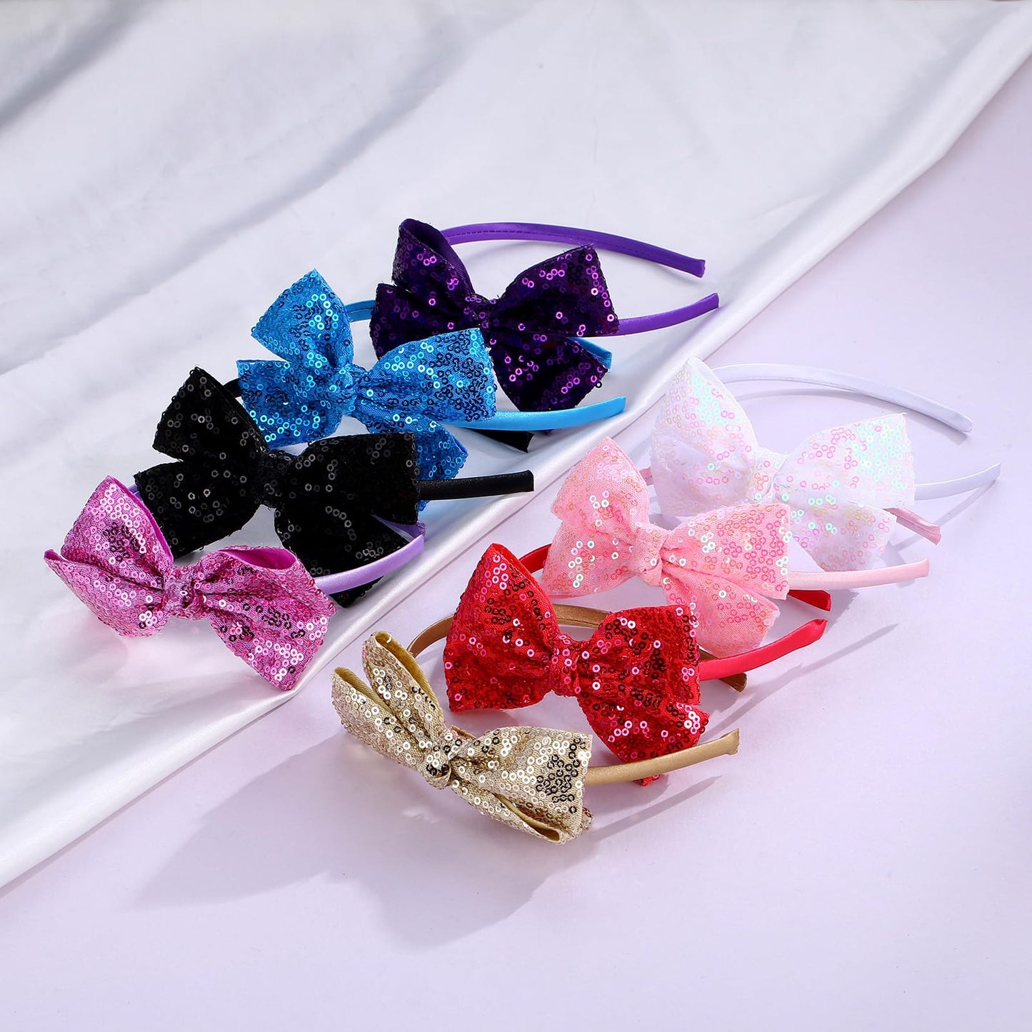 Kiszu Sparkly Sequin Hair Bow Headband for Girls, Kids, and Toddlers - Fashion Cute Boutique Style Hair Accessory - 3 Piece (Blue,Light Purple,Hot Pink)