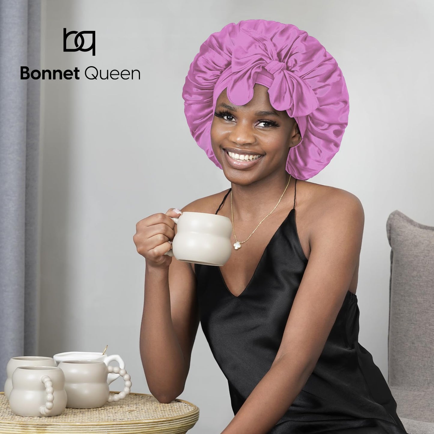 BONNET QUEEN Silk Bonnet for Sleeping Women Satin Bonnet Hair Bonnet Night Sleep Cap Scarf wrap for Curly Hair with tie Band Dark Rose Gold