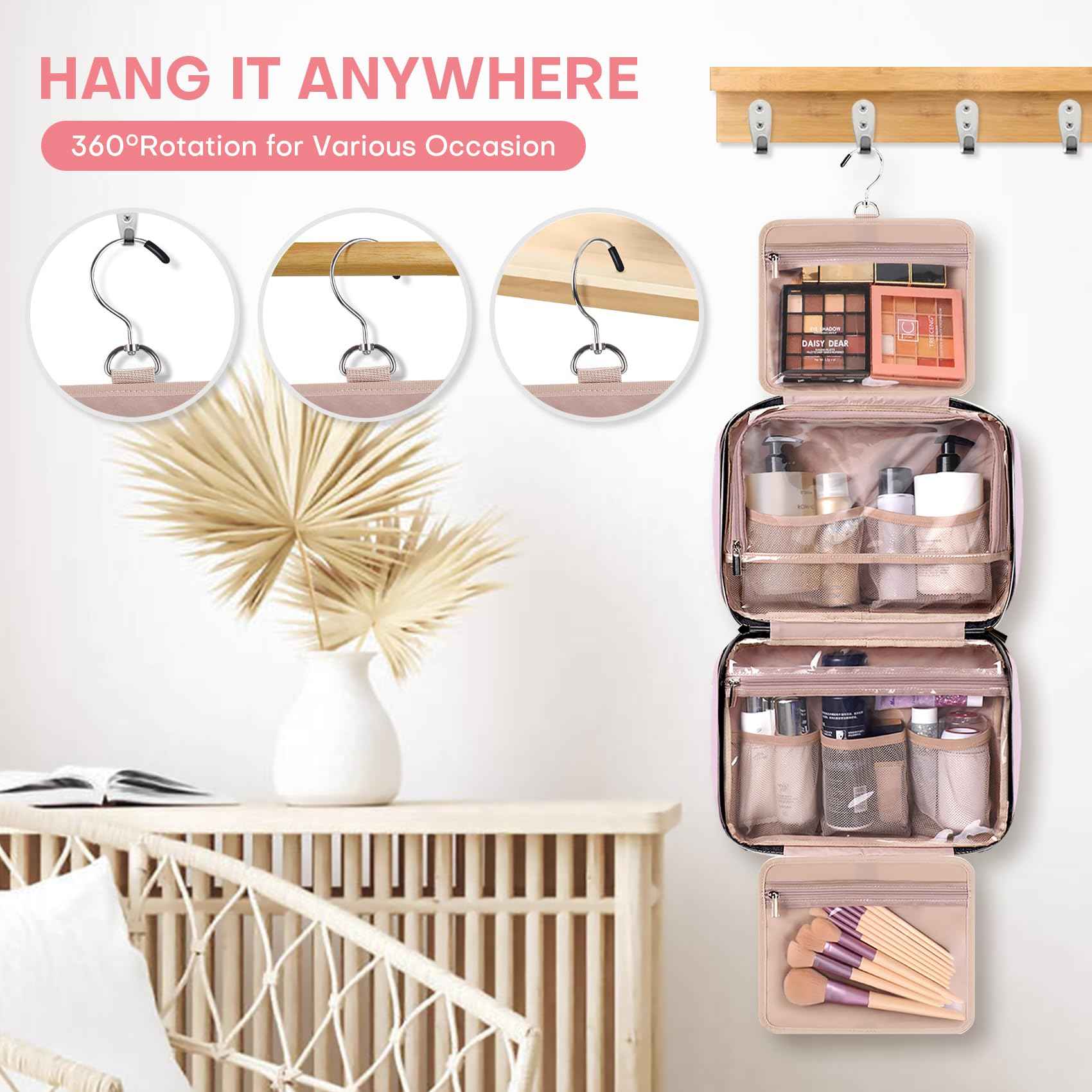 HXLGMD Travel Size Toiletry Bag for Women, Portable Cosmetic Bag with Hanging Hook, Travel Essentials Water-resistant Makeup Organizer for Accessories, Shampoo, Full-size Container, Toiletries