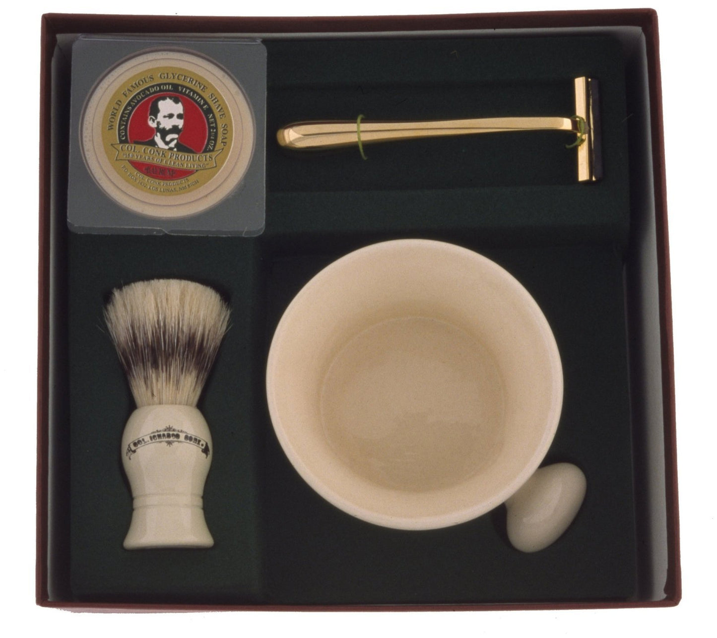 Colonel Conk Model 236 Apothecary Mug, Mixed Badger Brush, Gold Tone Razor and Soap