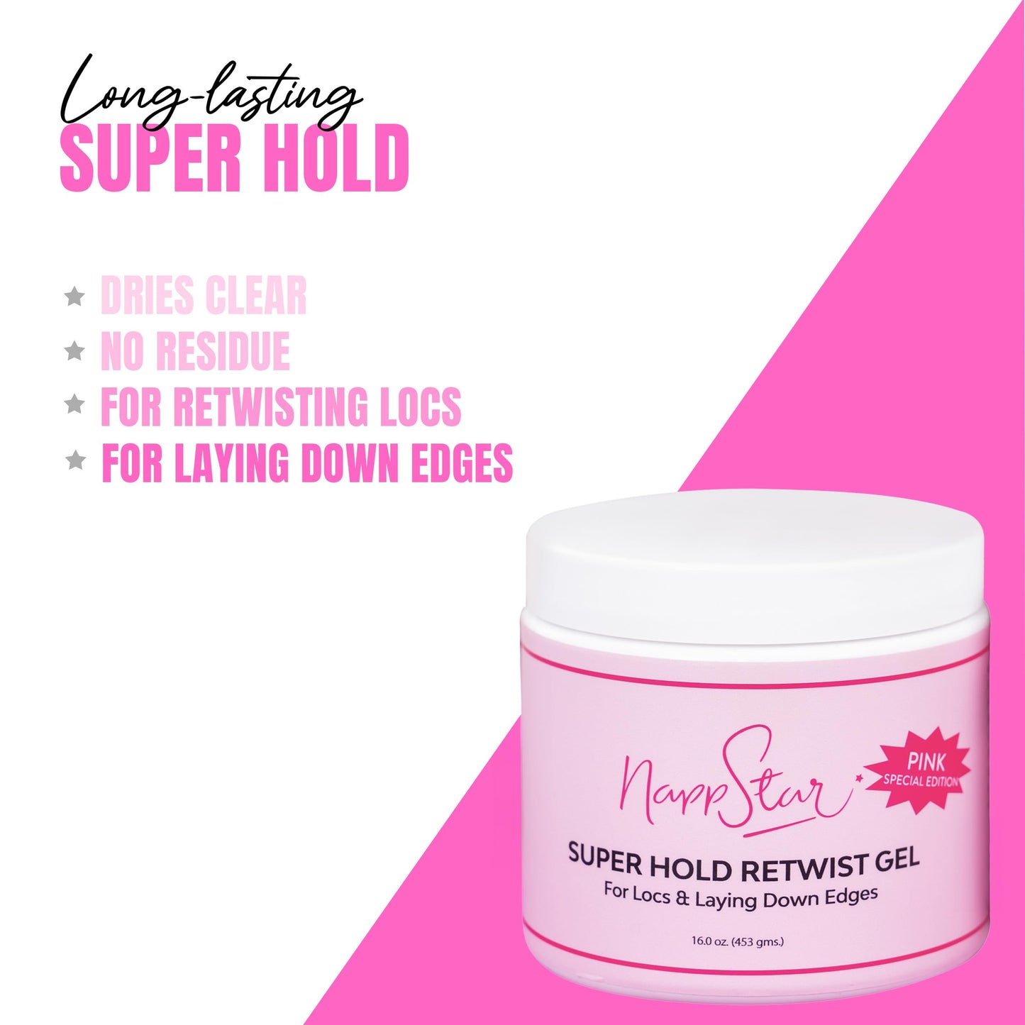 NappStar Super Hold Retwist Gel in Pink, Strong Hold for Locs and Edges, Non-Flaking, 16 Fl Oz