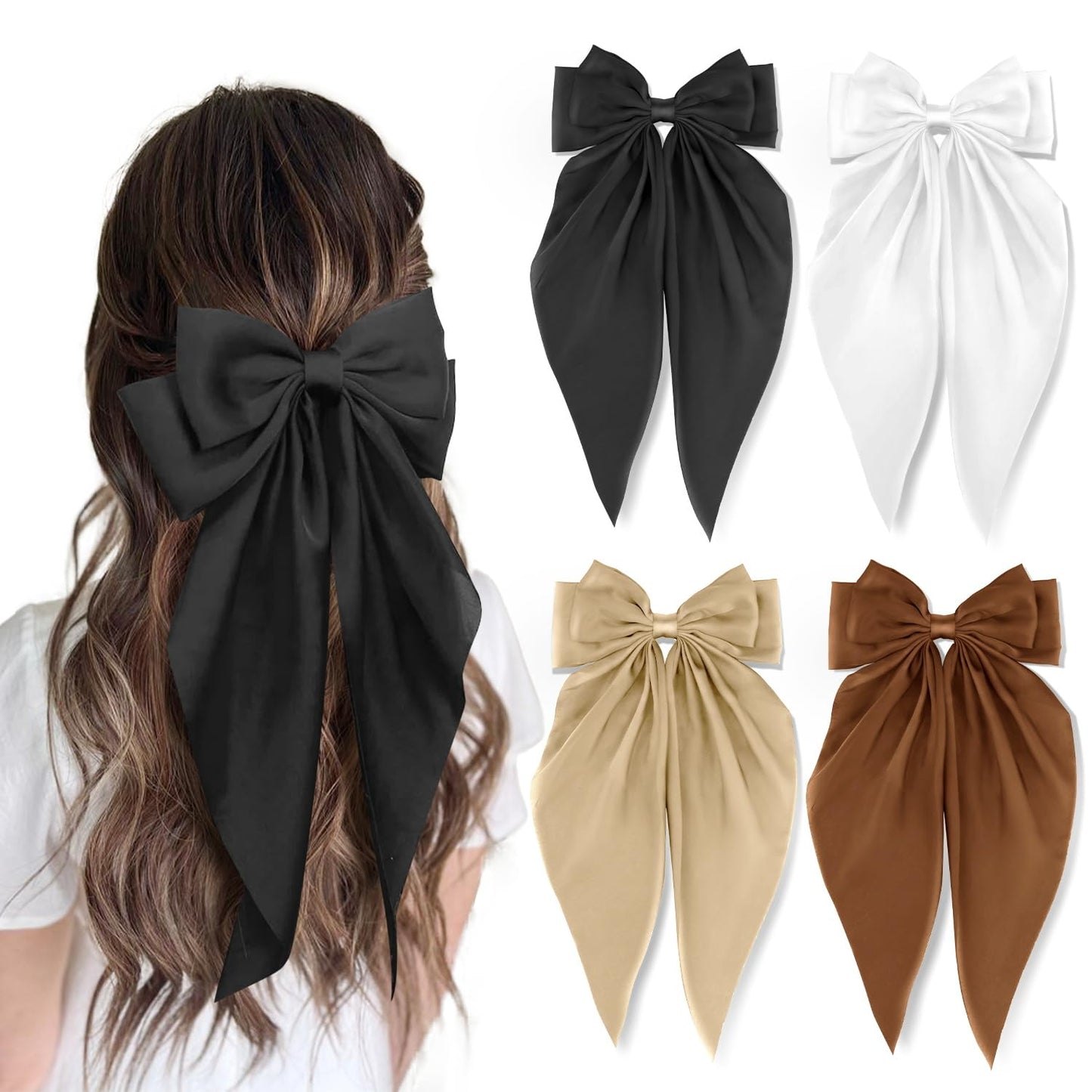 4 Pcs Silky Satin Big Hair Bows Ribbon Hair Barrettes Clip Large Bow Hair Slides Metal Clips French Barrette Long Tail Hair Accessories Soft Hairpin for Women (Black,White,Khaki,Brown)