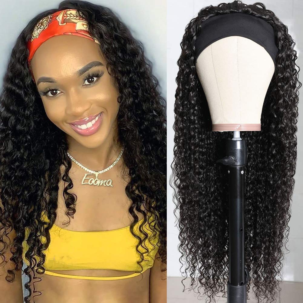 Eooma Headband Curly Human Hair Wigs for Black Women 10A 180% Density Brazilian Kinky Curly Wigs Scarf Gluelees Remy Hair