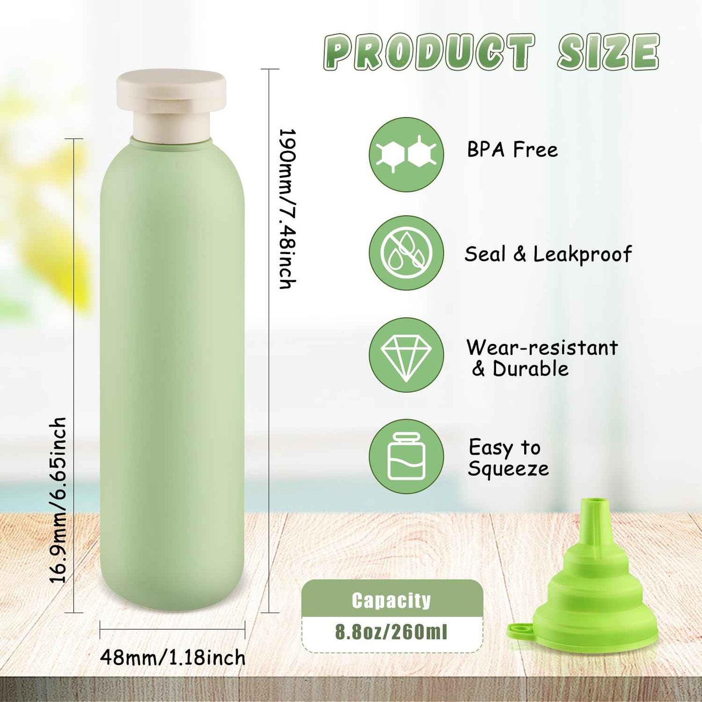 USRommaner 8.8 oz/260ml Plastic Travel Shampoo Bottle,9 Pack Green Empty Refillable Squeeze Bottles with Flip Cap,Lotion Container for Cream,Toiletries,Conditioner-Free Silicone Funnel