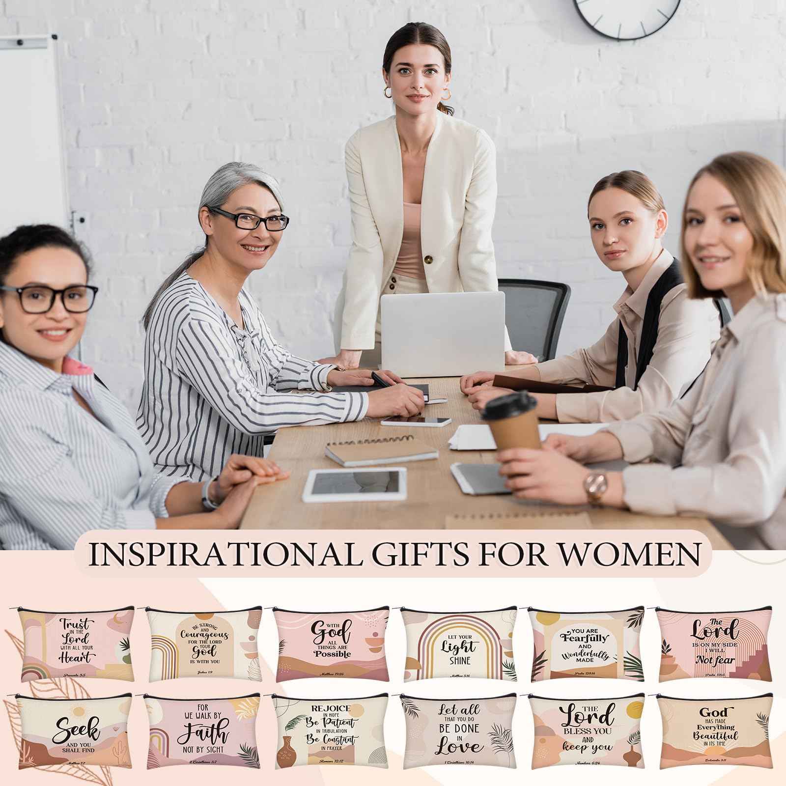 Geelin 24 Pcs Christian Gifts Bulk for Women 12 Religious Canvas Makeup Bags 12 Boho Bible Verse Compact Mirrors Inspirational Church Party Gifts for Women Mother Sister