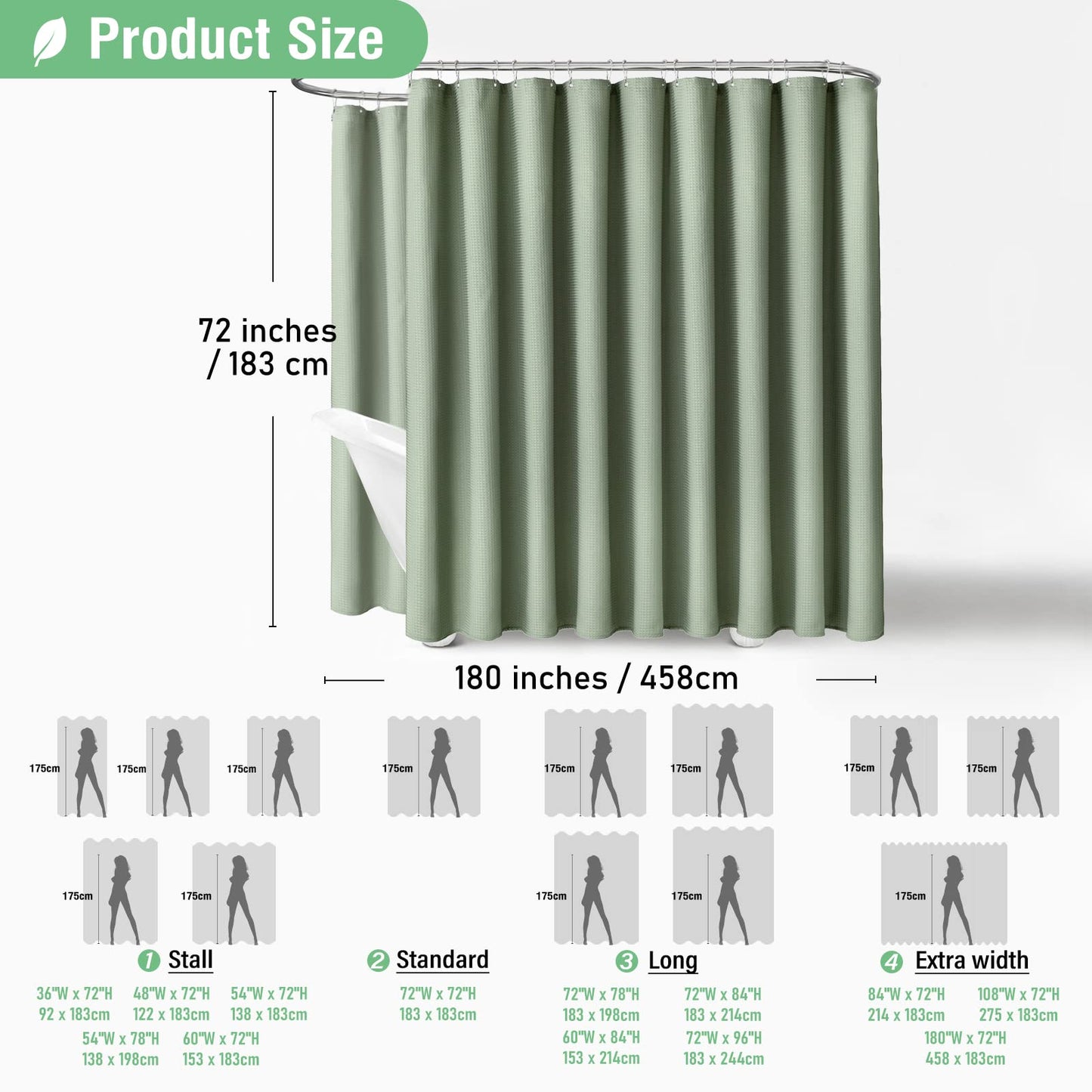 Dynamene Extra Wide Shower Curtain - 180 Inch Wide Waffle Weave Weighted Thick Cloth Bathroom Shower Curtain, Neutral Heavy Duty Hotel Bath Curtain Set with 32 Plastic Hooks,180x72, Sage Green