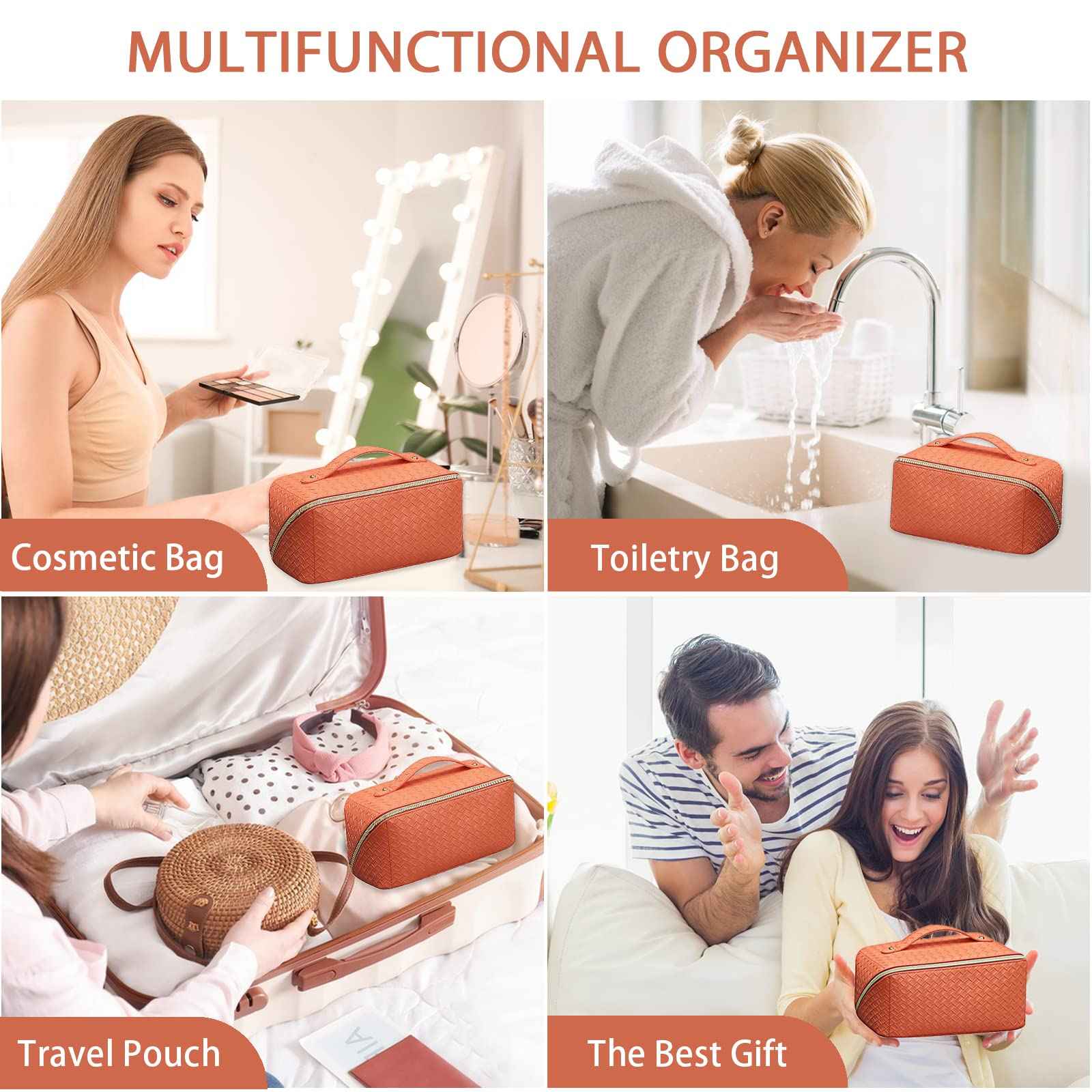 BAKLUCK Large Capacity Travel Cosmetic Bag with Compartment - Waterproof PU Leather Portable Checkered Makeup Organizer Bag for Women and Girls - Orange