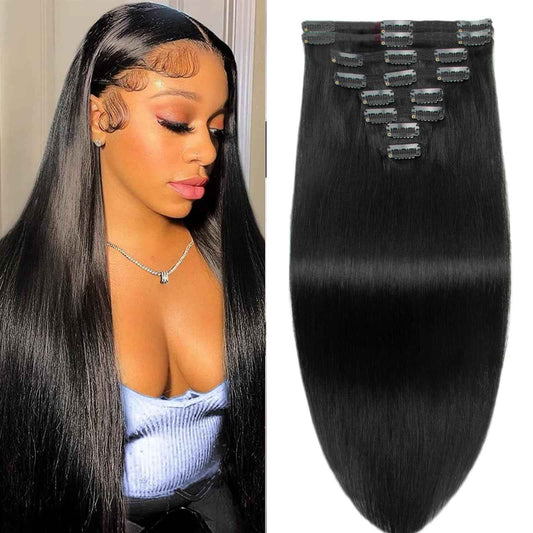 Clip in Hair Extensions Real Human Hair, Clip in 100% Brazilian Remy Human Hair Extension for Women, Double Weft 8pcs Per Set with 18 Clips
