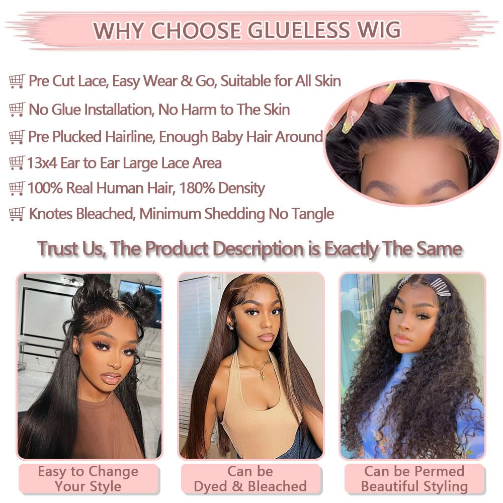 PINKEAGLE 28 Inch Wear and Go Glueless Wigs Human Hair Pre Plucked Pre Cut for beginners 13x4 Straight Lace Front Wigs Human Hair for Women 180% Density HD Lace Frontal Wig Human Hair with Baby Hair