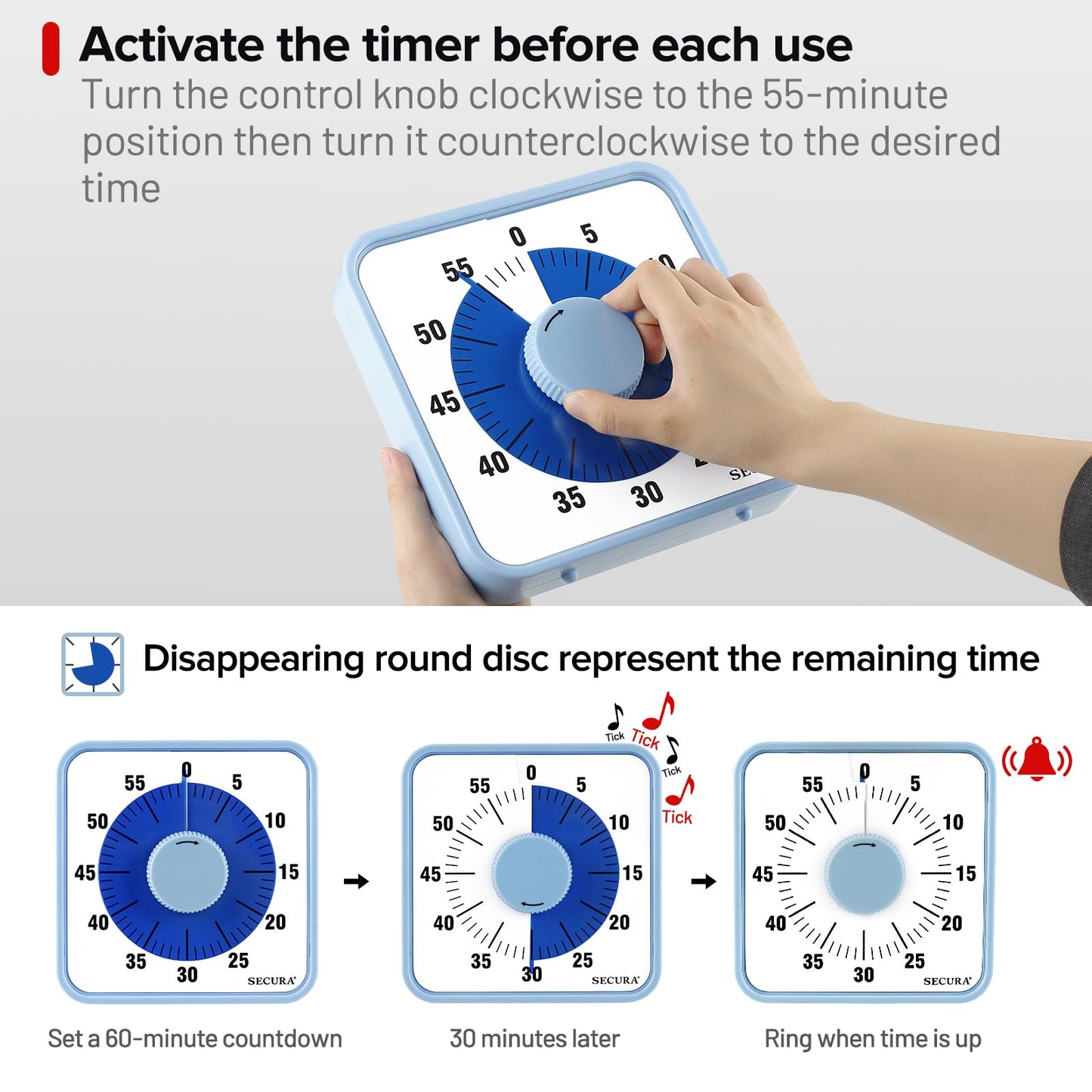 Secura 7.5 Inch Visual Timer, 60 Minute Visual Oversize Countdown Timer for Kids and Adults, Durable Mechanical Time Management Tool (Blue)