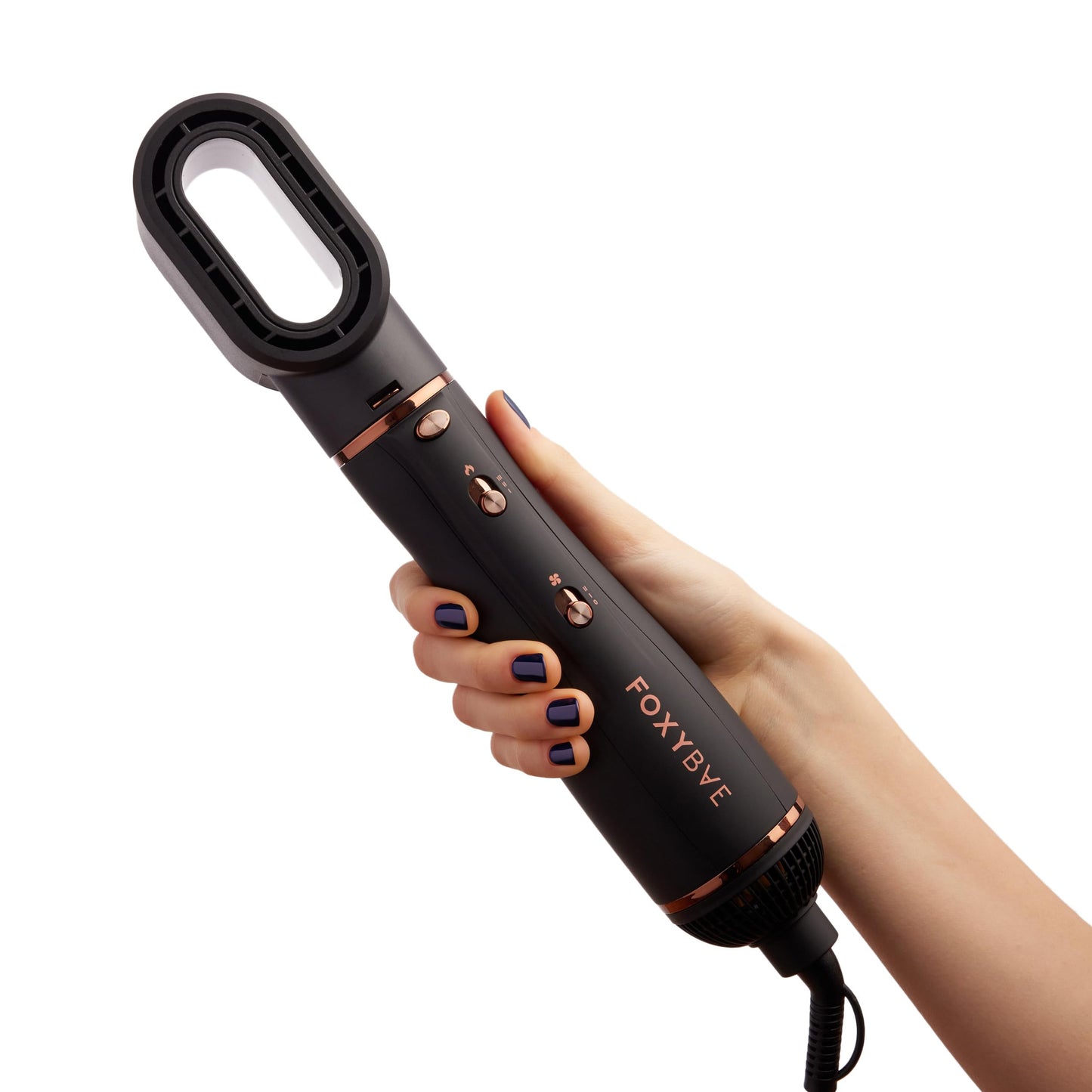 FoxyBae 3-in-1 Ceramic Interchangeable Hair Tools - Blowout Dryer - 3 Detachable Heads: 2.4" Blowout-Brush, 1.5" Hot Round Brush & Drying Cylinder Hair-Dryer & Hair Styling Set (Black Rose-Gold)