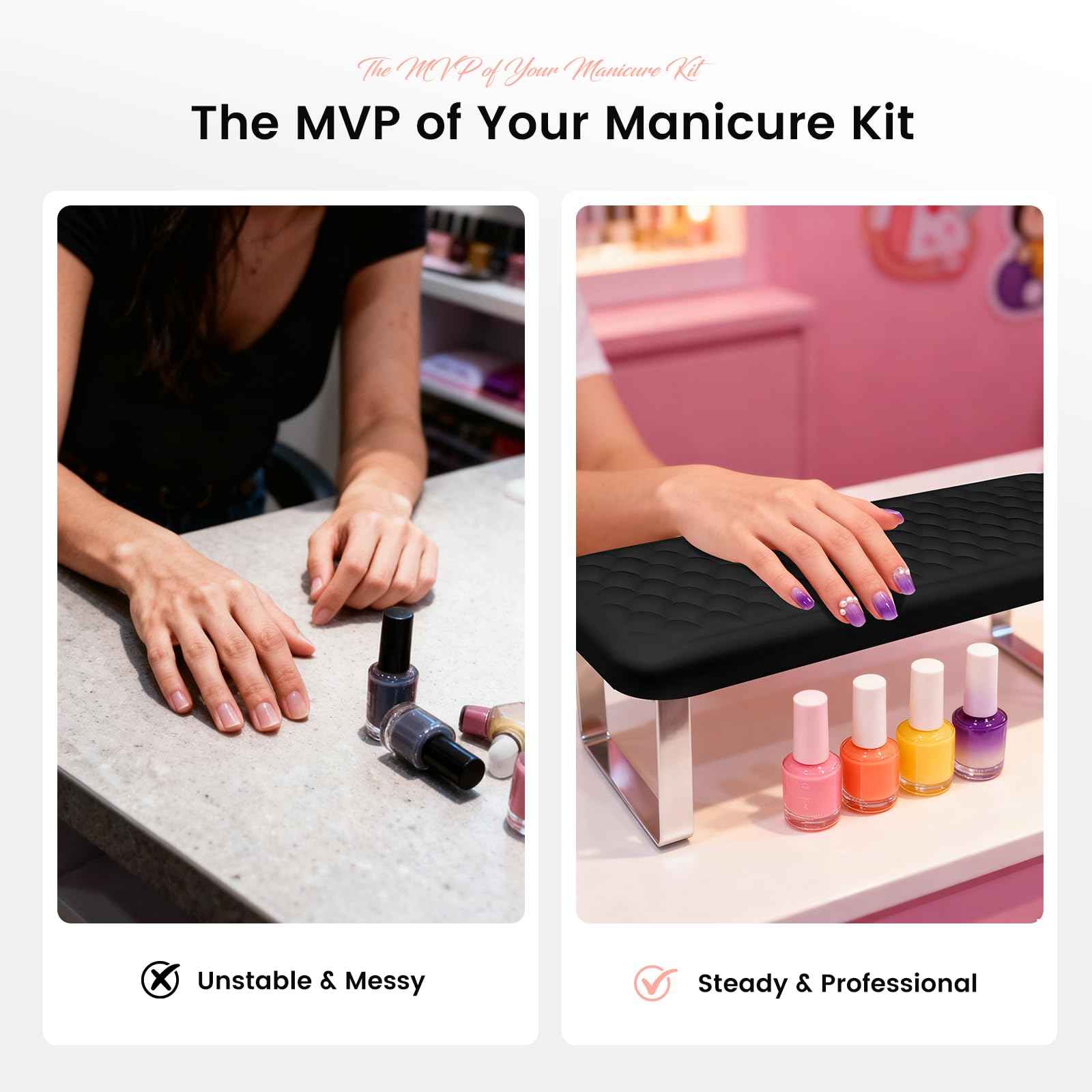 AIKYA Luxury Manicure Hand Rest for Nails Tech - Erasable Nail Arm Rest with Comfort Memory Foam, High Rebond & Non-Slip Aluminum Alloy Base-Black