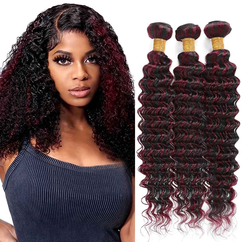 8 8 8 Inch P1B99J Bundles Highlight Deep Wave Human Hair Bundle Burgundy Hair Weave Two Tone Black Mixed With 99J Red Bundles Highlight Deep Curly Bundle