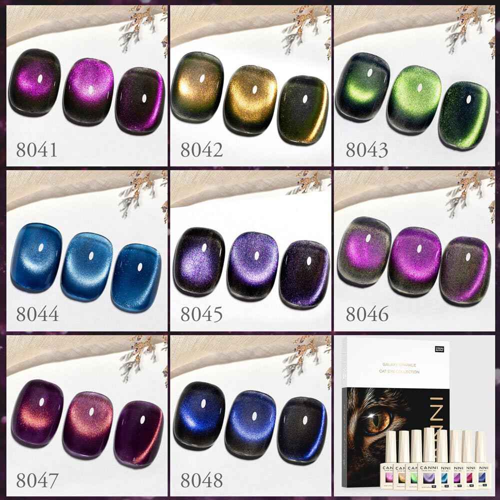 CANNI 8 Pcs 9 ML Cat Eye Gel Nail Polish Set, Red Purple Pink Blue Green Glitter Rainbow Holographic Cat Eye Gel Polish Kit with Magnet Colors Nail Art Manicure Salon DIY Gifts