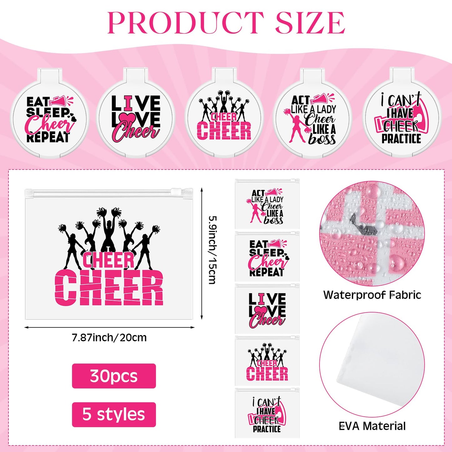 Huquary 121 Pcs Cheerleader Gifts Kit 30 Zipper Portable Cheer Makeup Bag 30 Cheer Keychain 30 Cheer Wristband 30 Cheer Mirror 1 Bag Waterproof Cheer Stickers for Women Girls Cheerleader Teammates