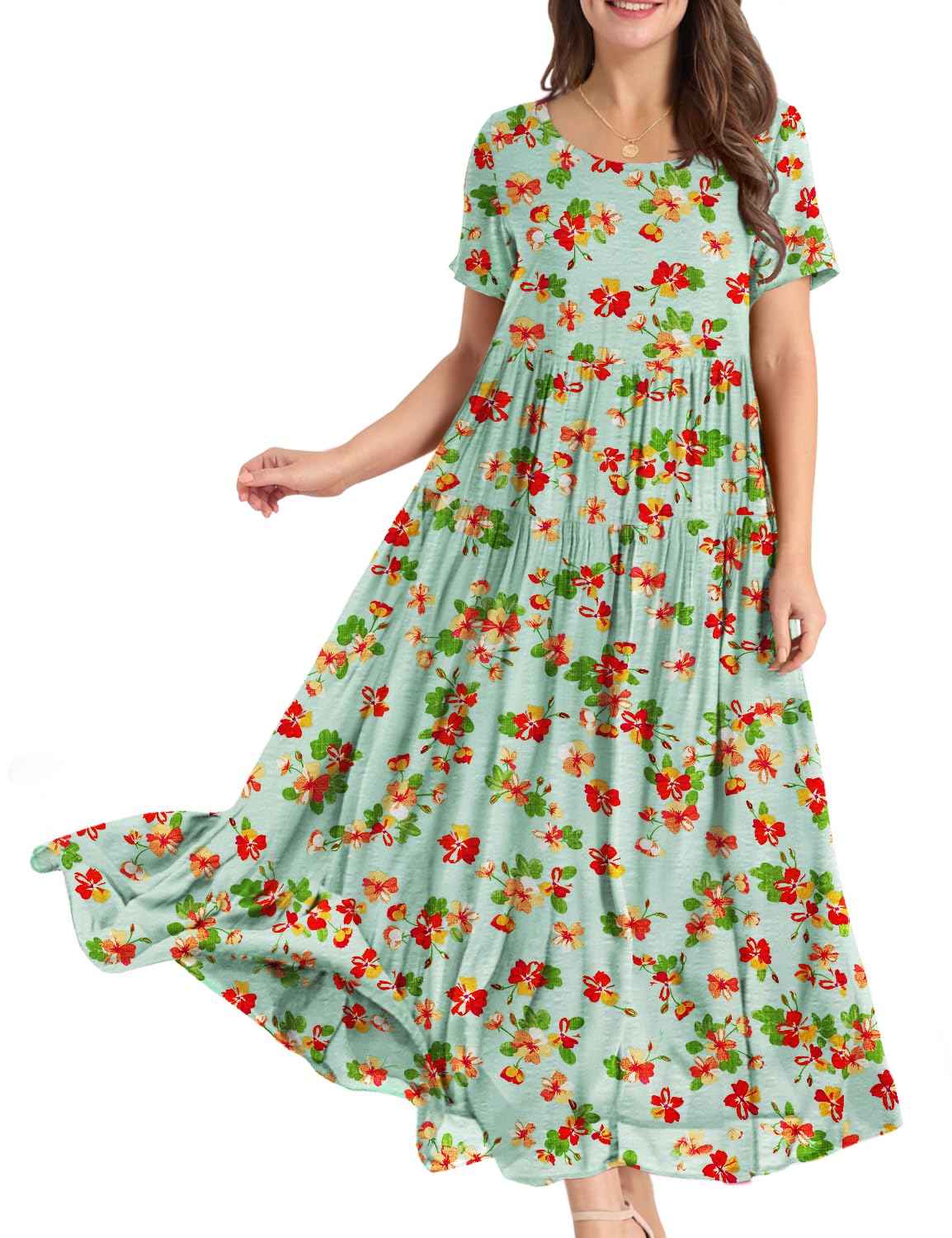 YESNO Women Casual Loose Bohemian Floral Dress with Pockets Short Sleeve Long Maxi Summer Beach Swing Dress S EJF CR413