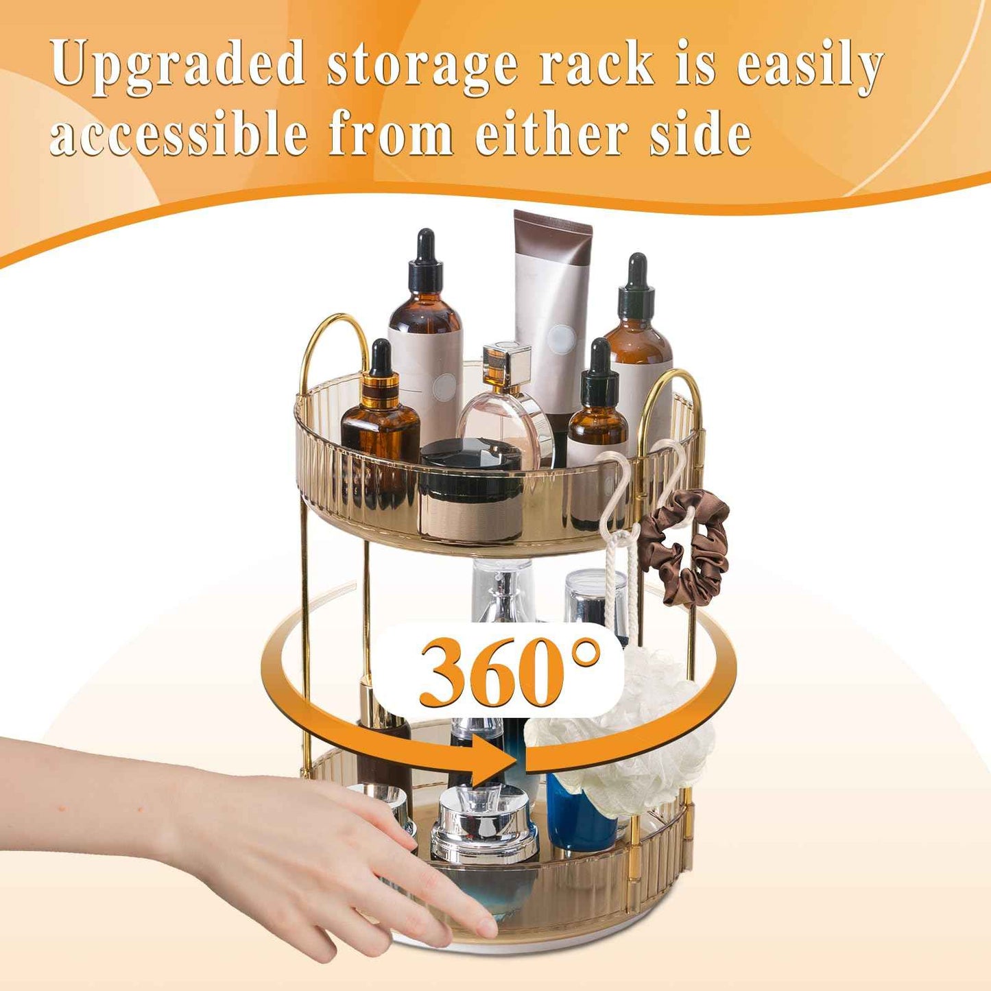 Megapuxin Rotating Makeup Organizer for Vanity,Large Perfume Organizers Skincare Make Up Storage Perfume Organizers Countertop Organizer with Extra Hooks and Stickers for Bathroom