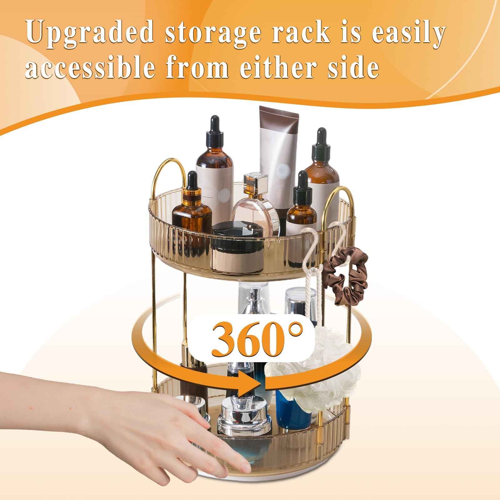 Megapuxin Rotating Makeup Organizer for Vanity,Large Perfume Organizers Skincare Make Up Storage Perfume Organizers Countertop Organizer with Extra Hooks and Stickers for Bathroom
