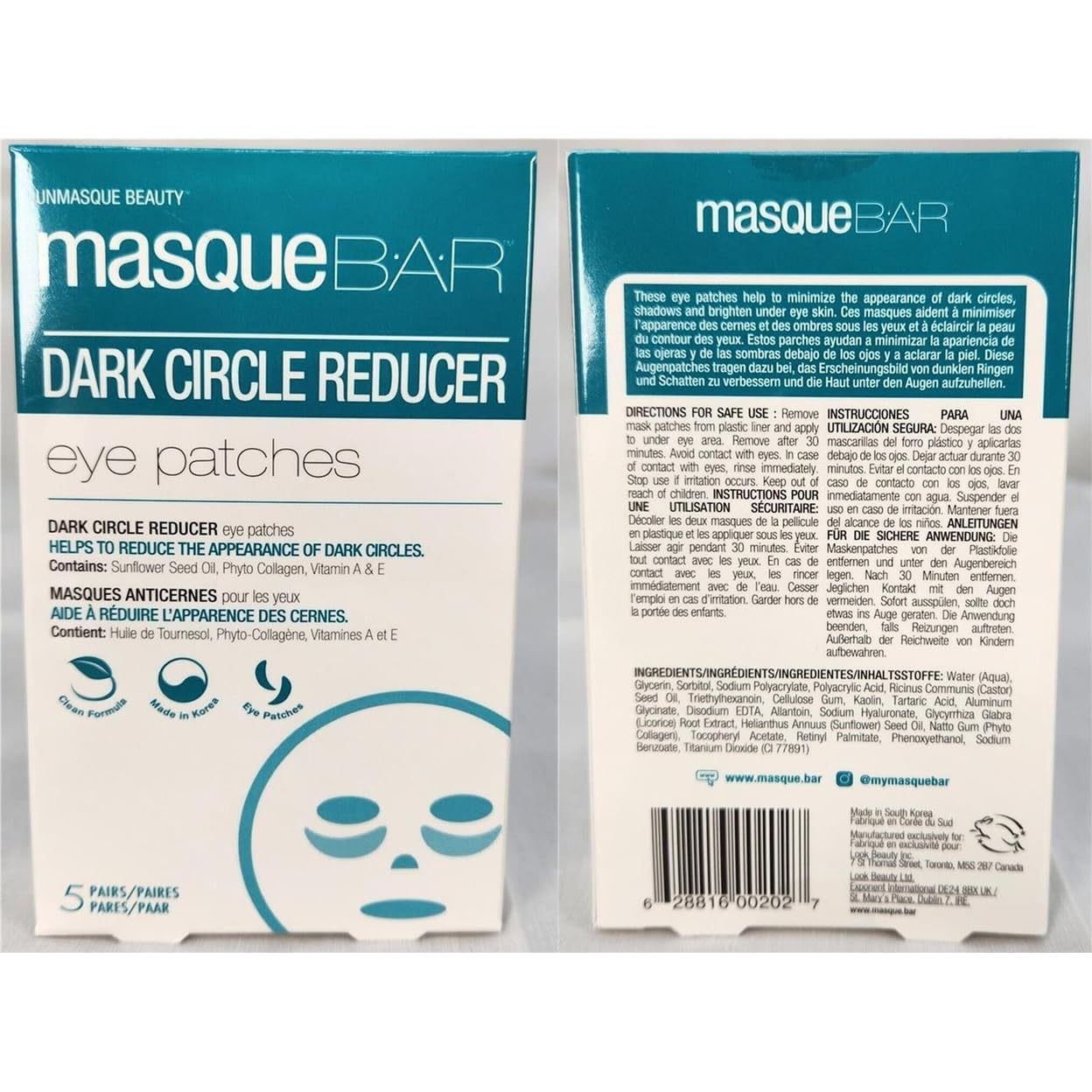 masque BAR Eye Mask Patches Dark Circle Reducer (5 Pairs) — Korean Under Eye Skin Care Treatment — Diminishes the Appearance of Under Eye Dark Circles & Prevents Premature Signs of Aging — Moisturizes