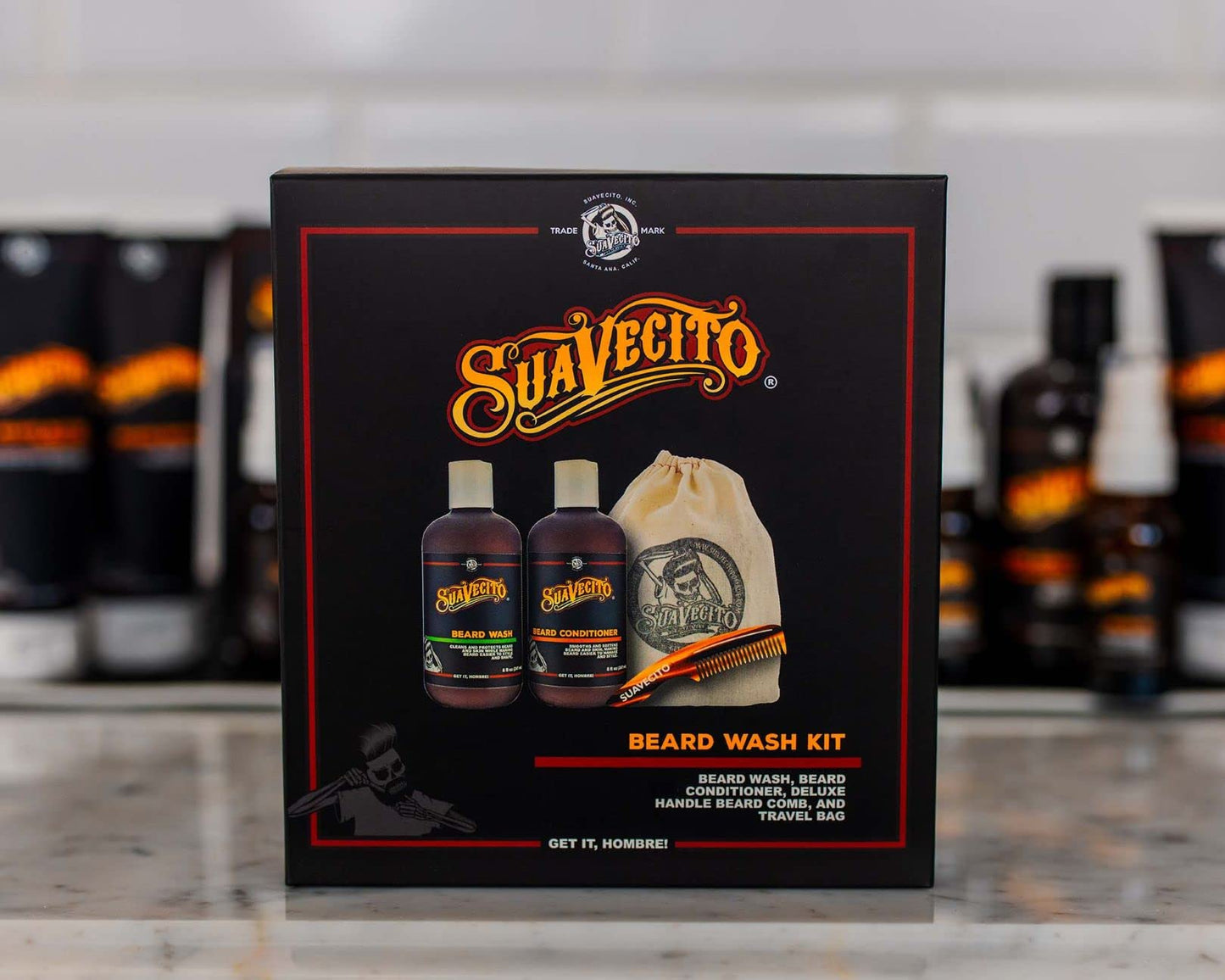 Suavecito Beard Wash Kit Men's Grooming & Cleansing Avocado Oil Shea Butter Olive Oil Nourishing Wash, Conditioner, Comb, Travel Bag