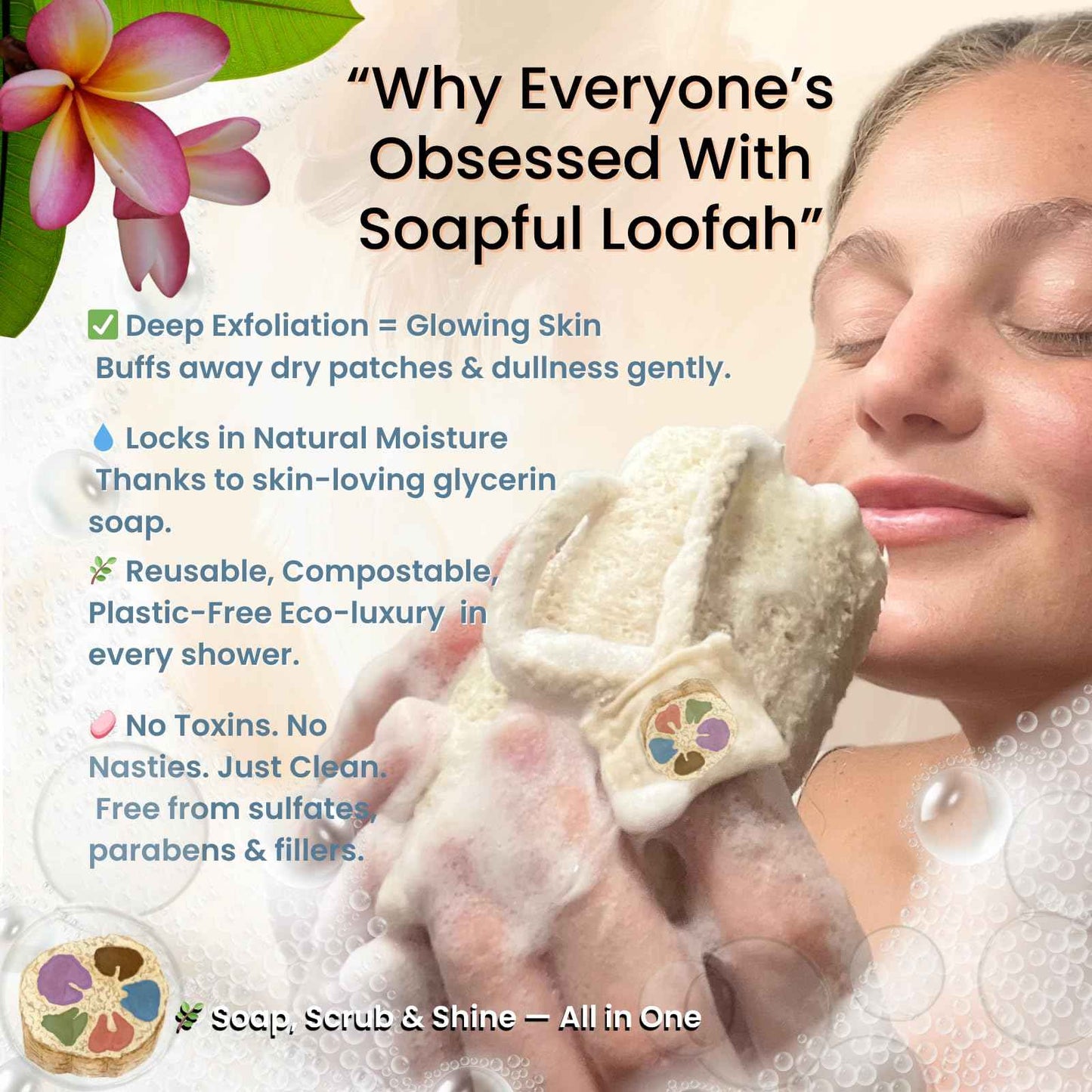 Soap Bar Loofah| Natural Loofah Sponge | Loofah Exfoliating Body Scrubber | 9-12 0z of Plumeria Scented Artisanal Handmade Natural loofah soap in a Disposable Shower Loofah