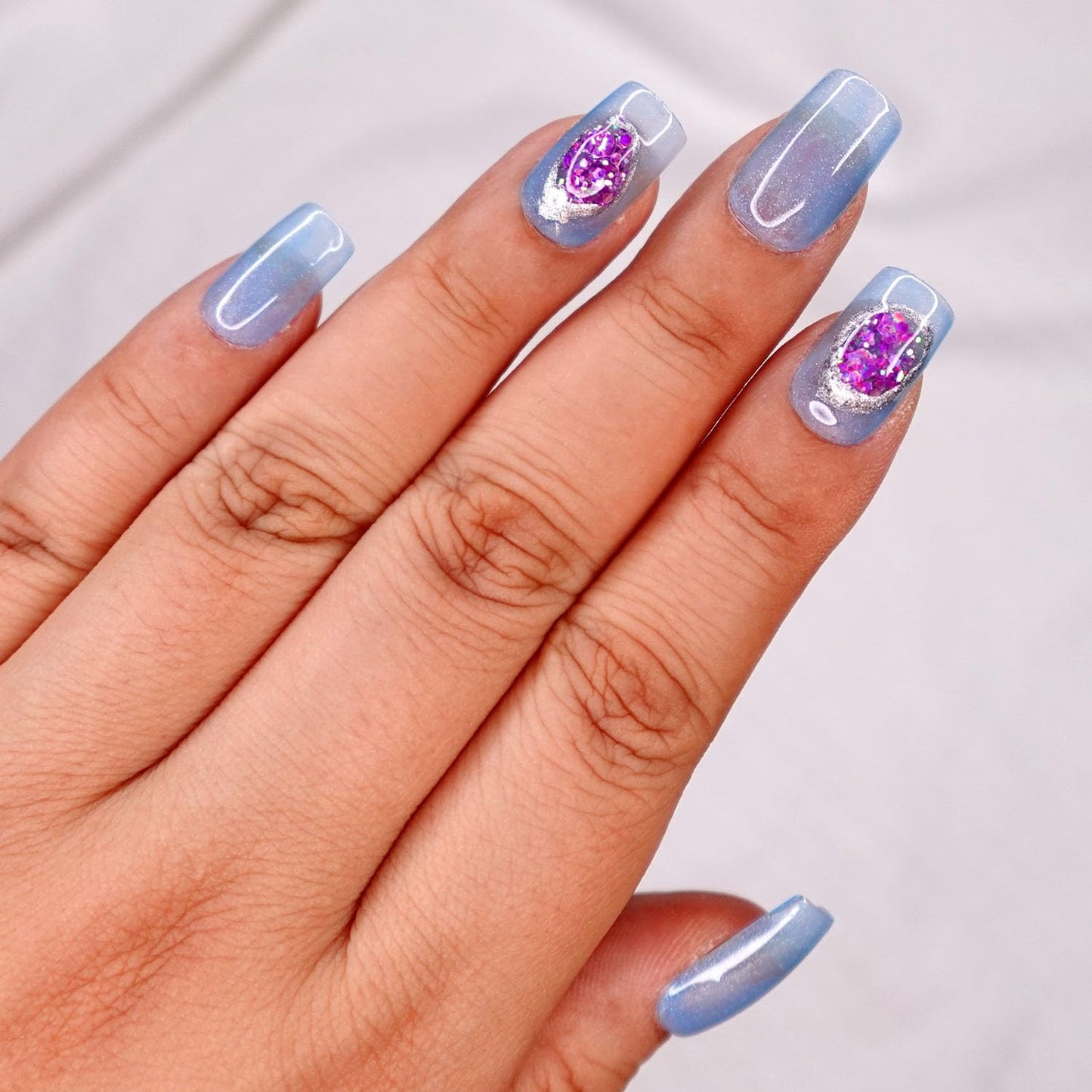 10 Pcs Handmade Press on Nails (X-Small, Quad Lake - Jelly Baby Blue Frost and Purple Gem Design/Short Square) A121XS