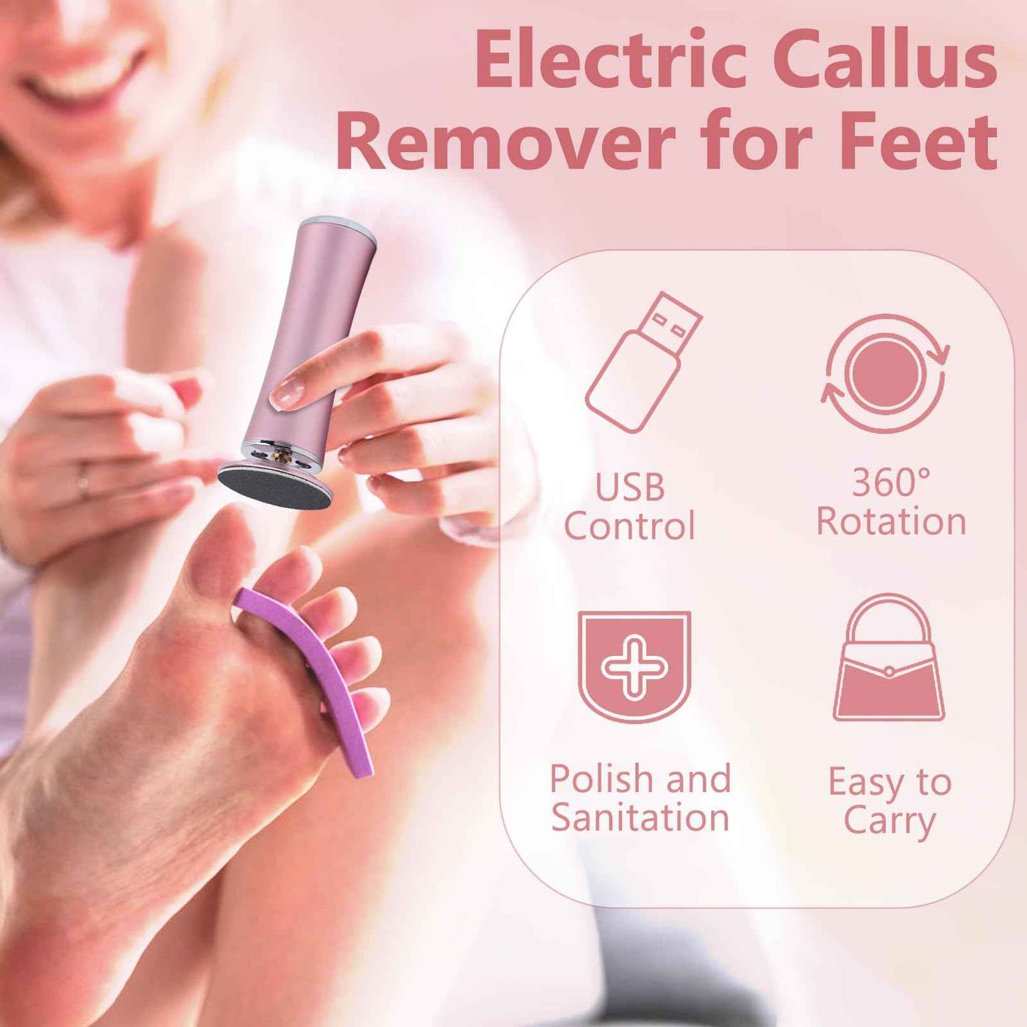 Electric Foot Callus File, Adjustable Speed Foot Grinder with 60pcs Reusable Sandpapers, Portable Foot Care Tool for Men & Women, Ideal for Home or Professional Pedicure Use (Pink)