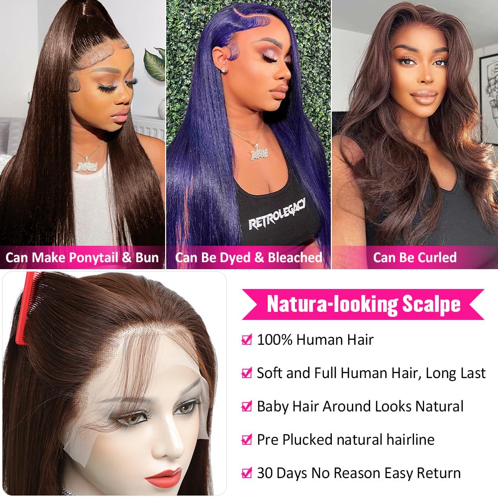 Hermosa 13x4 Chocolate Brown Lace Front Wigs Human Hair with Baby Hair 180 Density Straight Lace Frontal Human Hair Wigs Pre Plucked Hairline 4# Brown Wig 26 Inch