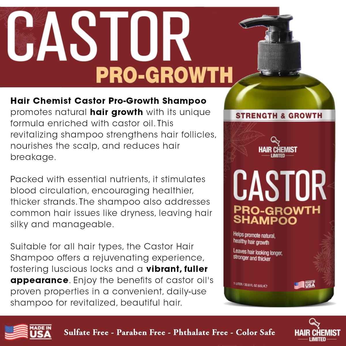Hair Chemist Castor Pro-Growth Shampoo 33.8 oz. AND Conditioner 33.8 oz. 2-PC Boxed Gift Set - Made with Natural Castor Oil for Hair Growth, Sulfate Free Shampoo & Conditioner Set