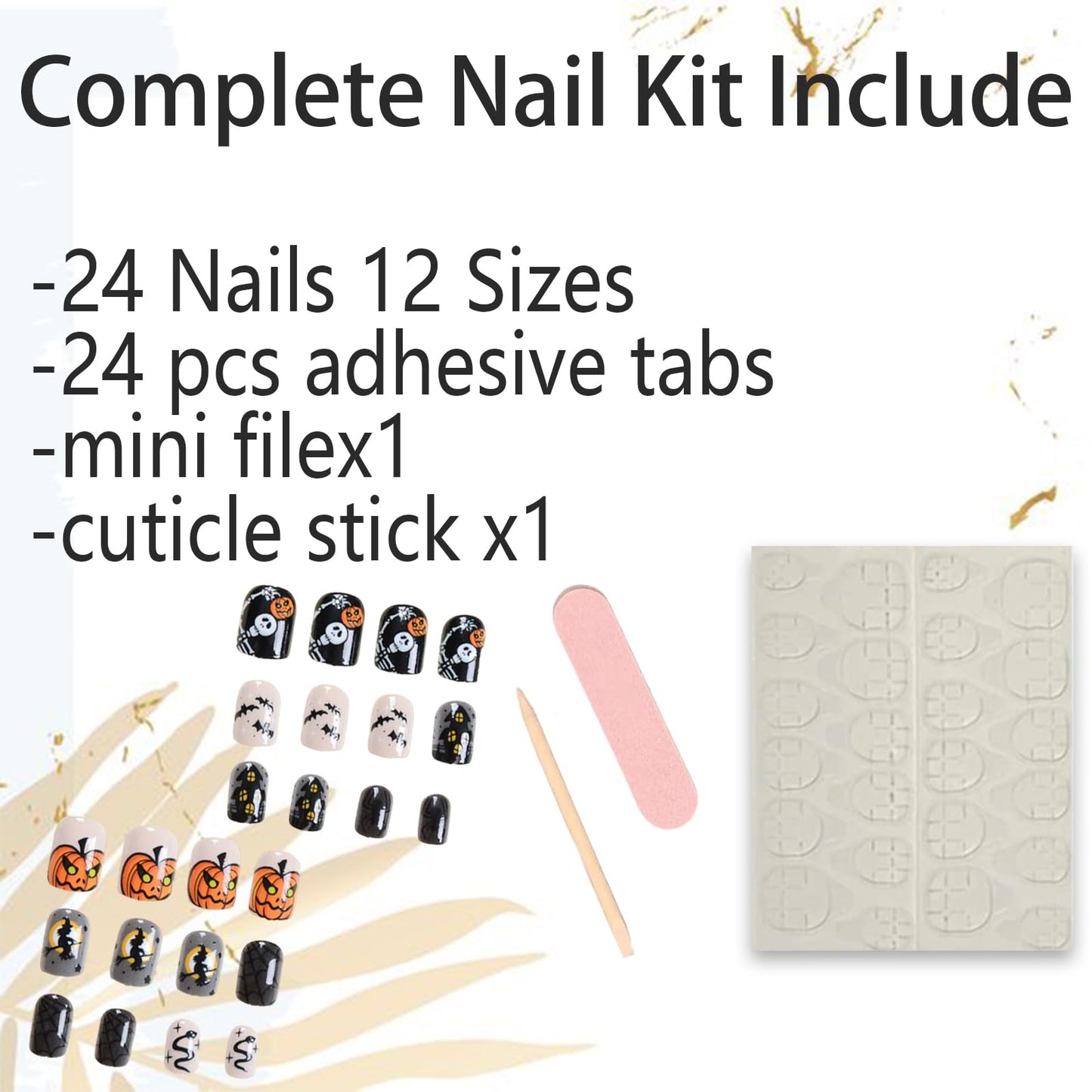 Halloween Press on Nails Short Square Fake Nails Horror Pumpkin Ghost Spider Full Cover Glue on Nails with Snake Black Spider Web Star Design Artificial False Nails Stick on Nails for Women DIY,24Pcs