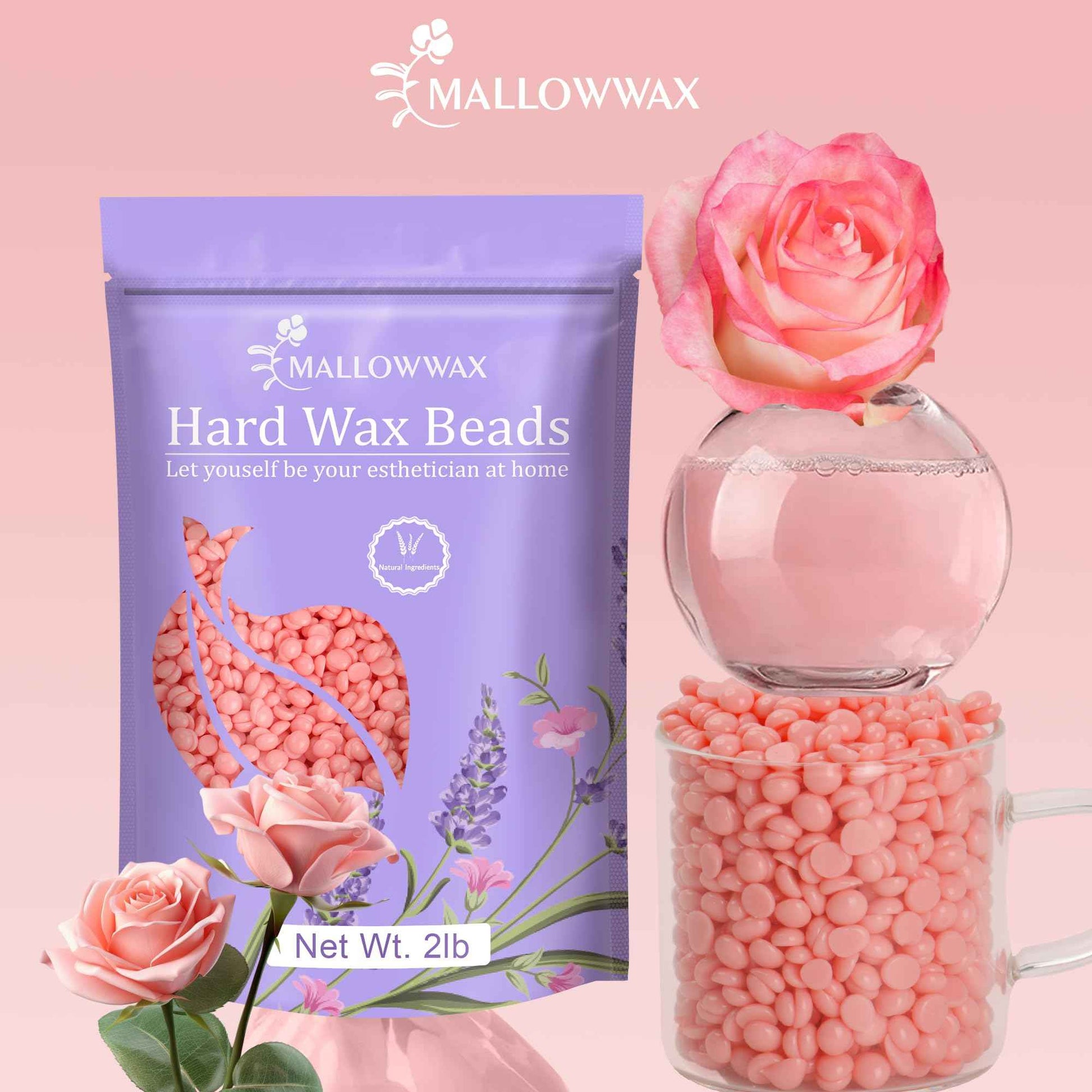 Mallowwax Hard Wax Beads for Hair Removal, 2LB – Premium Hair Removal Wax Refill for Sensitive Skin with Rose Formula, Ideal for Facial and Brazilian Areas