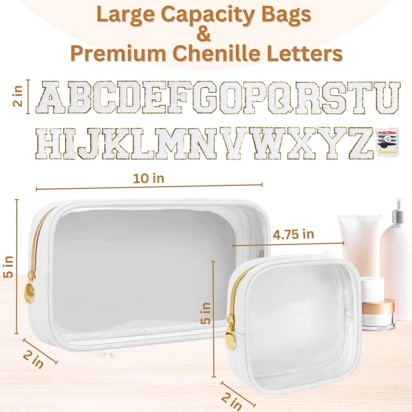 GODEAGLE Personalized Travel Makeup Bag Set, 2PCS Toiletry Bag & 26 Chenille Letters, Elegant Skincare Bag, DIY Bridal Shower Gifts for Engagement Wedding (White)