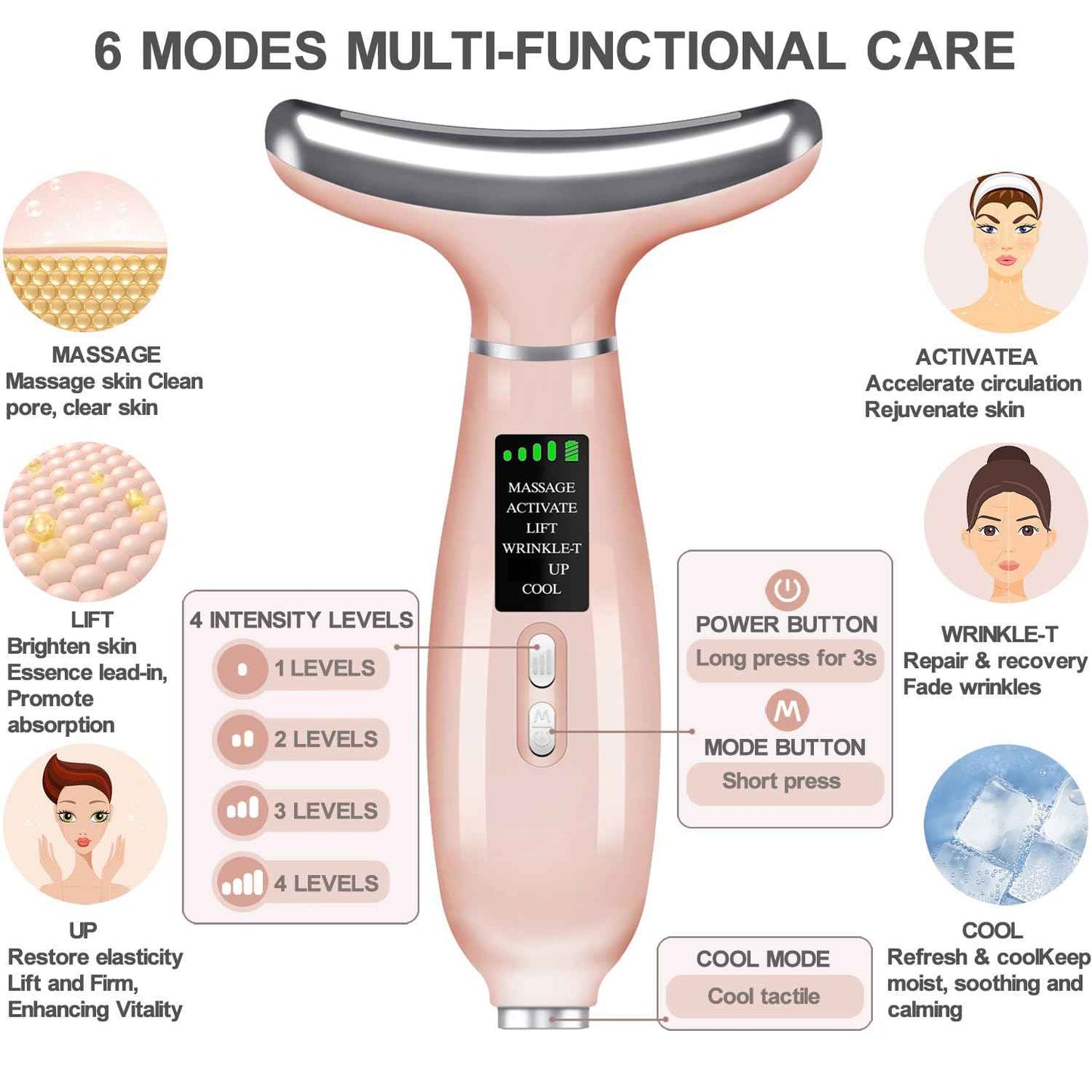 youngfocus Face-Neck-Massager, Vibration, Cooling and Thermal Functions for Multifunctional Skin Care, Anti-Aging Face Massager Improve, Firm, Tightening and Smooth (Pink)