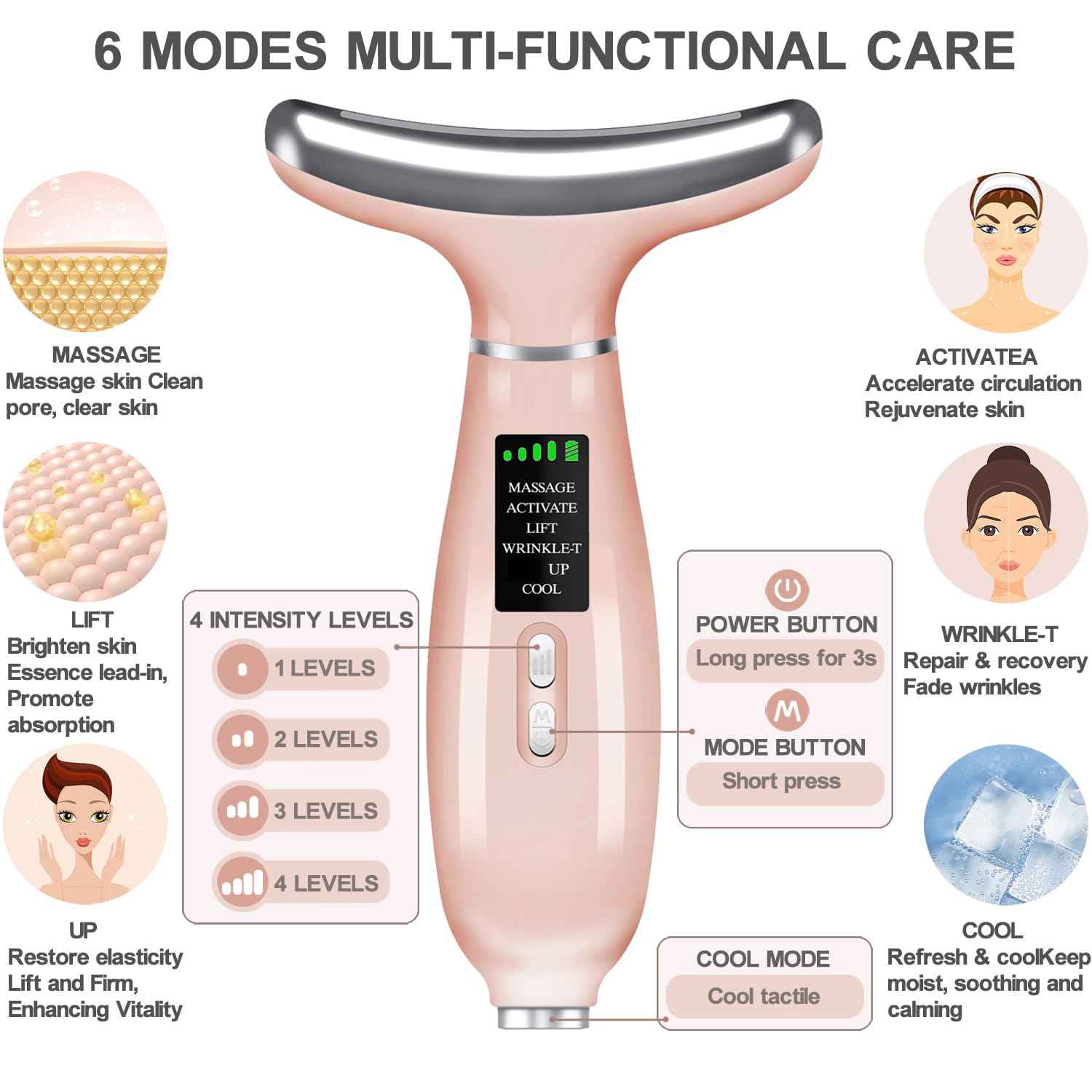 youngfocus Face-Neck-Massager, Vibration, Cooling and Thermal Functions for Multifunctional Skin Care, Anti-Aging Face Massager Improve, Firm, Tightening and Smooth (Pink)