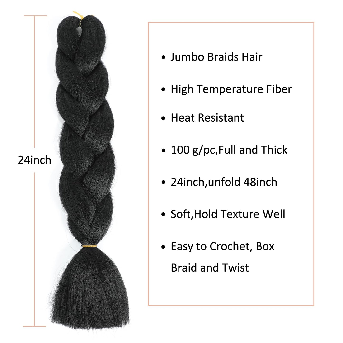 Herina Natural Black Braiding Hair Extensions High Temperature Fiber Jumbo Braiding Hair Extensions One Pack Black Braiding Hair(1pc/pack)