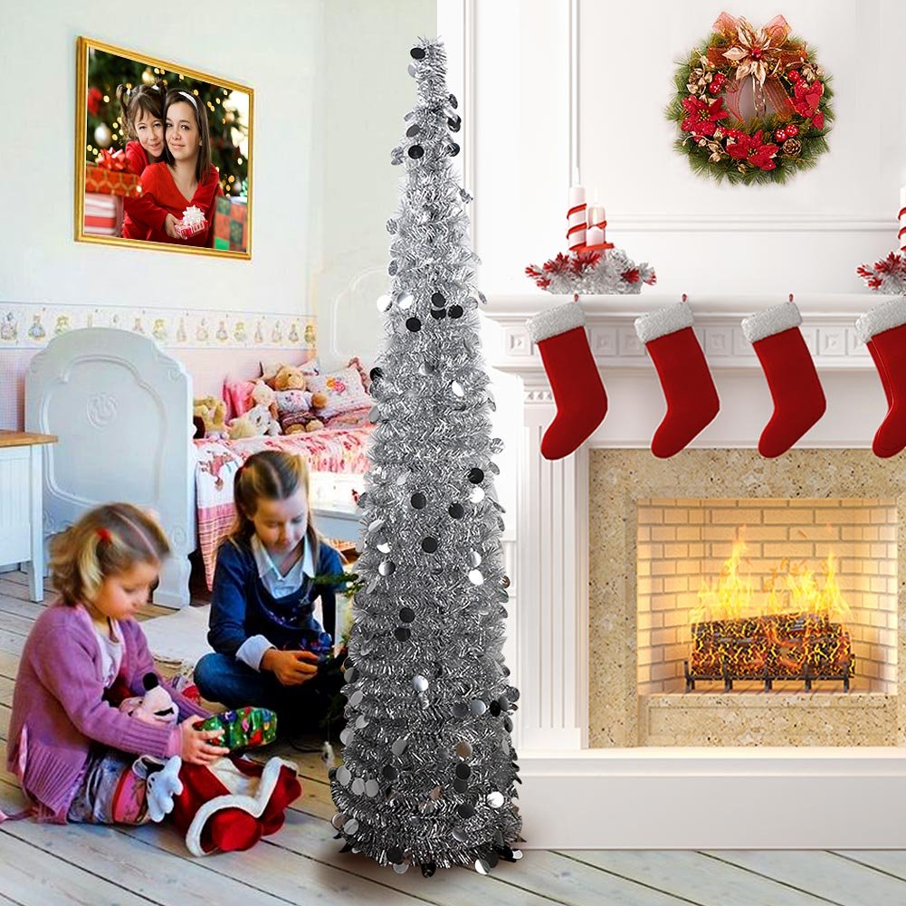 AerWo 5ft Pop Up Christmas Tinsel Tree with Stand, Gorgeous Collapsible Artificial Christmas Tree for Christmas Decorations