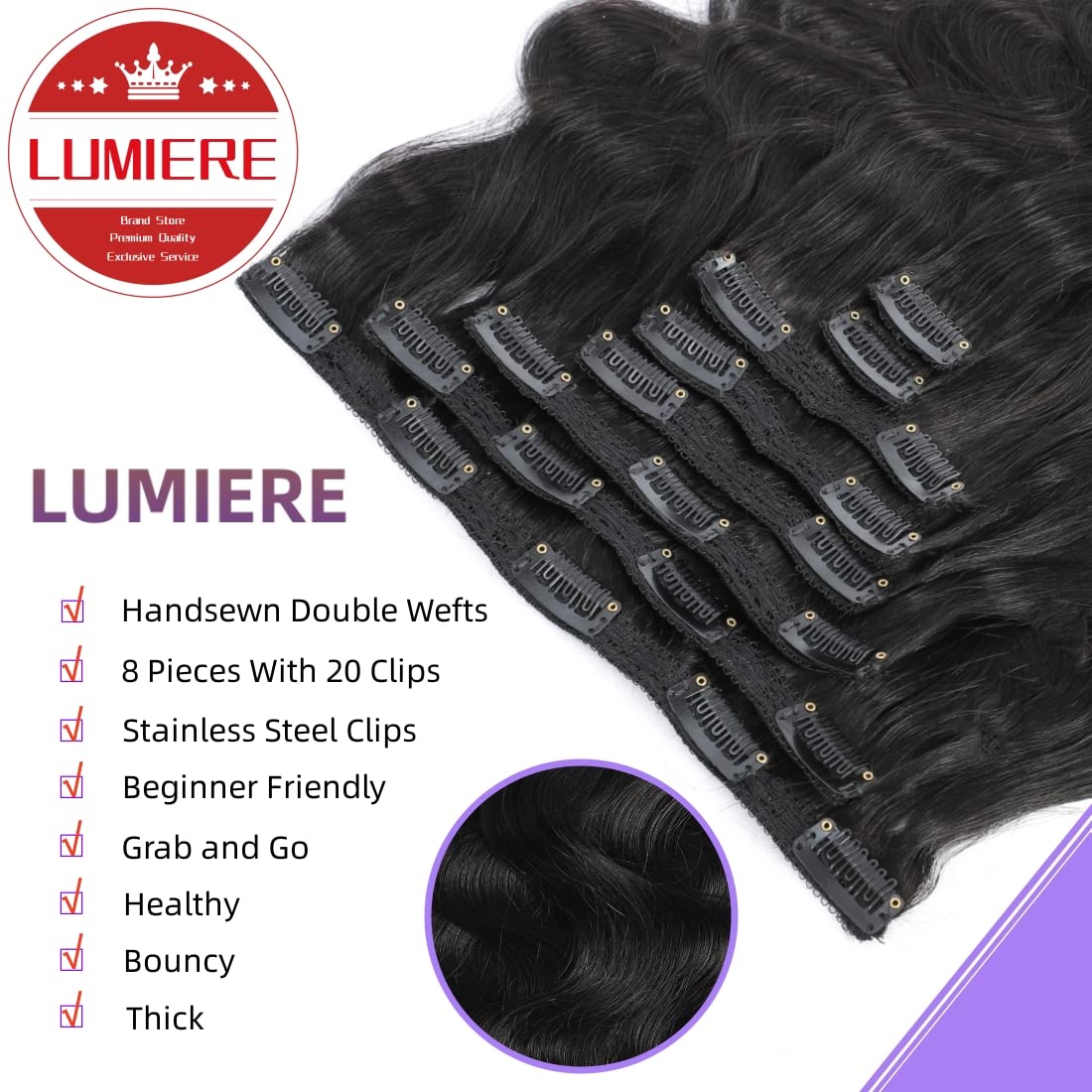 LUMIERE Hair Clip In Hair Extensions Real Human Hair - Guleless Body Wave Hair Extensions Clip Ins Wear And Go Grade 120g 10A Brazilian Remy Hair 8Pcs With 20Clips Double Wefts Thick and Soft 14 Inch