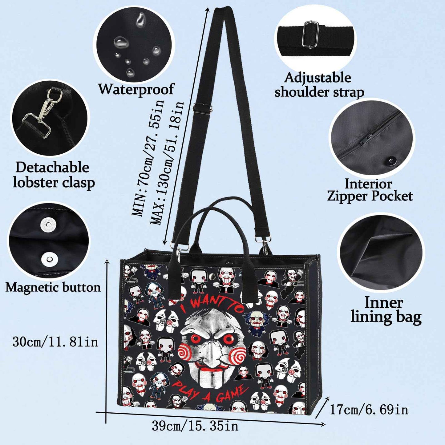 LEVLO Jigsaw Killer Tote Bag Horror Movie Fans Gift I Want To Play A Game Jigsaw Killer Shoulder Bag Horror Movie Merch (Play A Game LT)