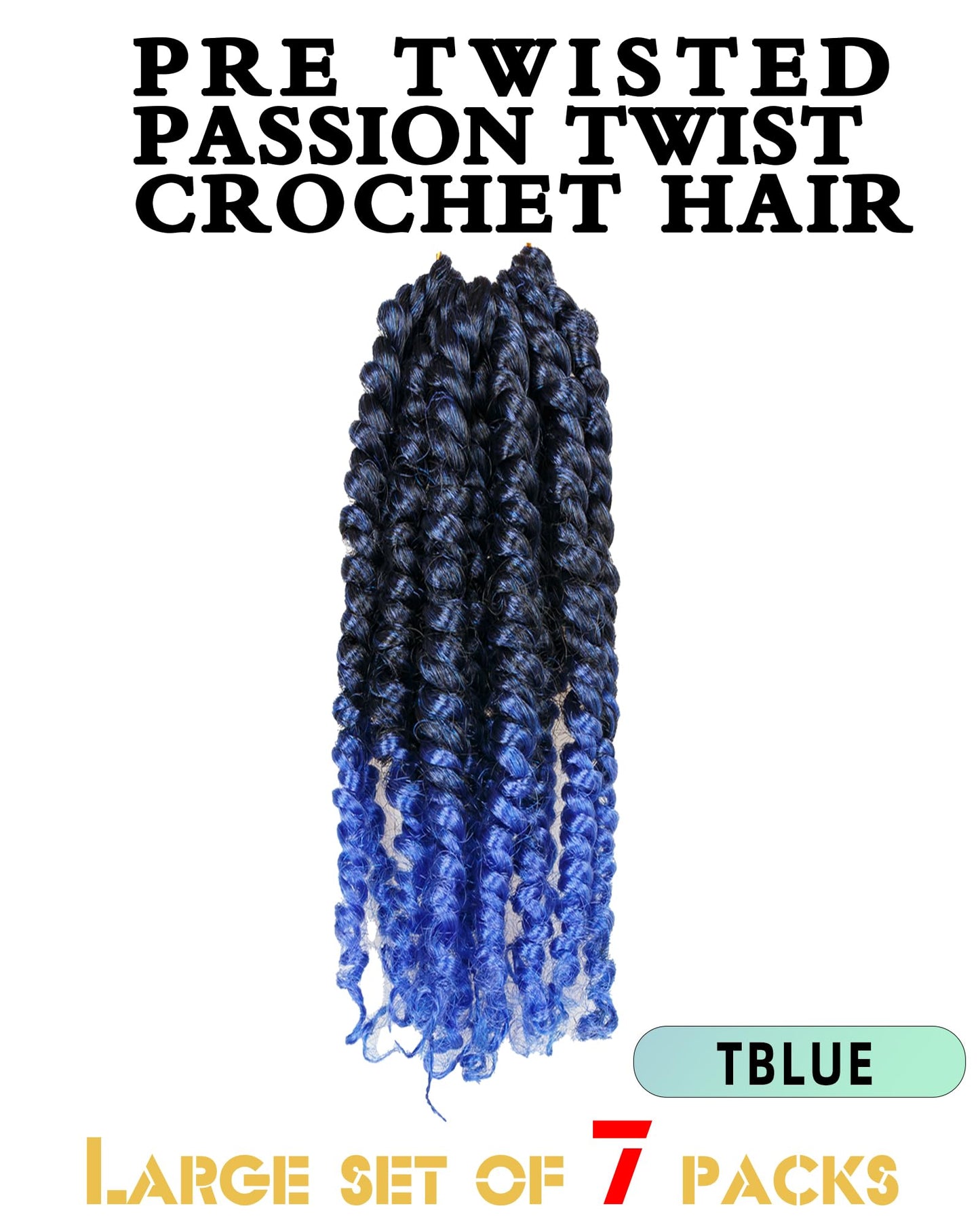 10 Inch 7 Packs Pre Looped Pretwisted Passion Twist Crochet Hair for Black Women and Kids-Ombre Blue,Soft Hair Extensions Braided by Synthetic Spring Kinky Twist Bohemian Curl(10"-7 Packs,T1B/Blue)