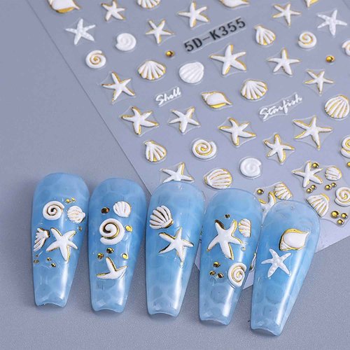 2 Sheets Summer Ocean Nail Art Stickers Decals 5D Embossed Self-Adhesive Seashell Starfish Nail Stickers Beach Sea Creatures Nail Decals for Acrylic Nails Women DIY Manicure Sliders Supplies
