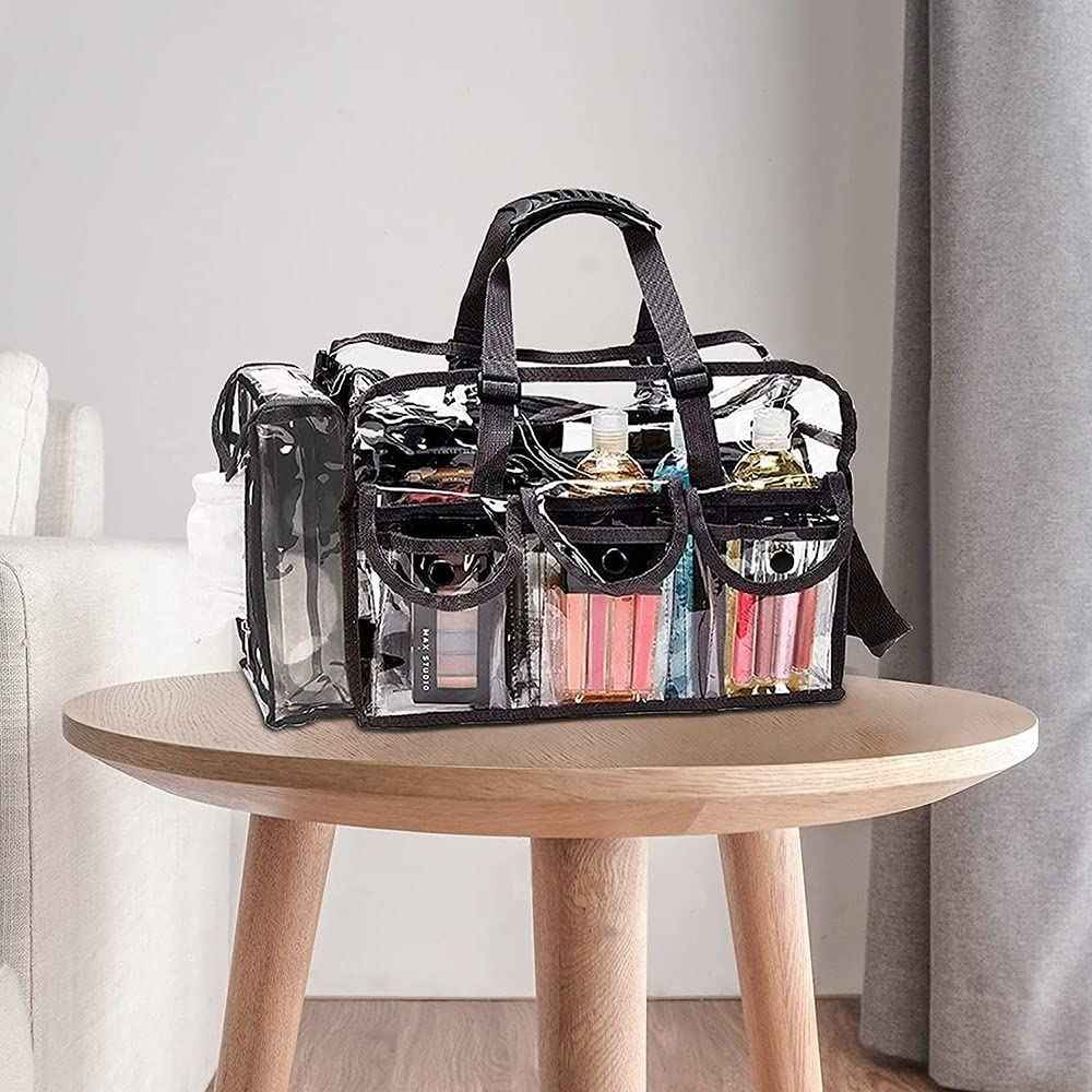 Large Clear Makeup Bag, Transparent PVC Cosmetic Bag with Shoulder Strap and Pockets, Zippered Travel Toiletry Carry Pouch Shoulder Bag