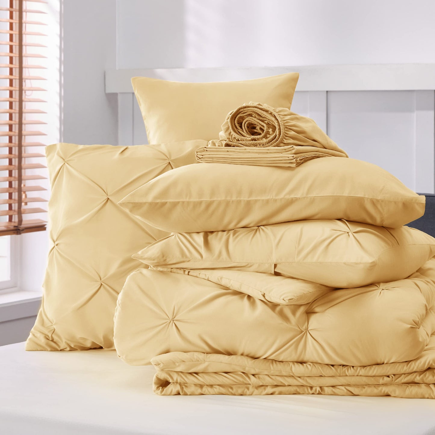 Bedsure Twin Comforter Set with Sheets - 5 Pieces Twin Bedding Sets, Pinch Pleat Yellow Twin Bed in a Bag with Comforter, Sheets, Pillowcase & Sham