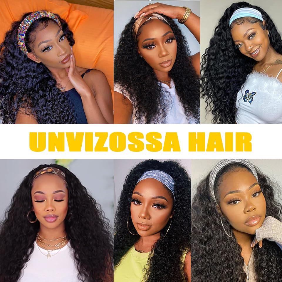 Unvizossa Headband Wig Human Hair Deep Wave None Lace Front Wigs Human Hair Curly Human Hair Headband Wigs for Black Women 150% Density Natural Color 14 Inch