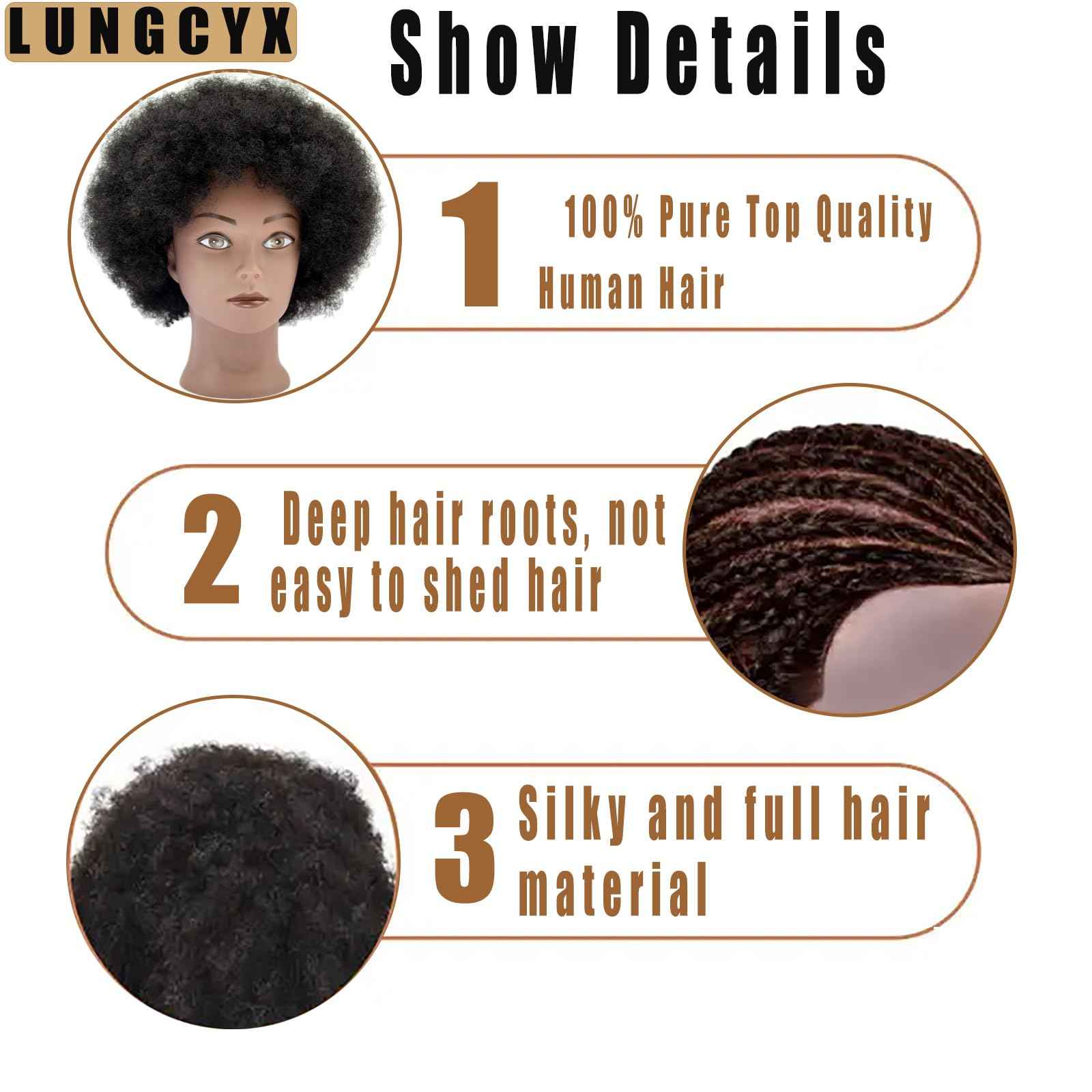 LUNGCYX Mannequin Head Human Hair African Curly Cosmetology Manikin Head With 100% Real Human Hair Doll Head for Hairdresser Training Practice Braiding Hair Styling,With Stand (BLACK-508-AFRO)